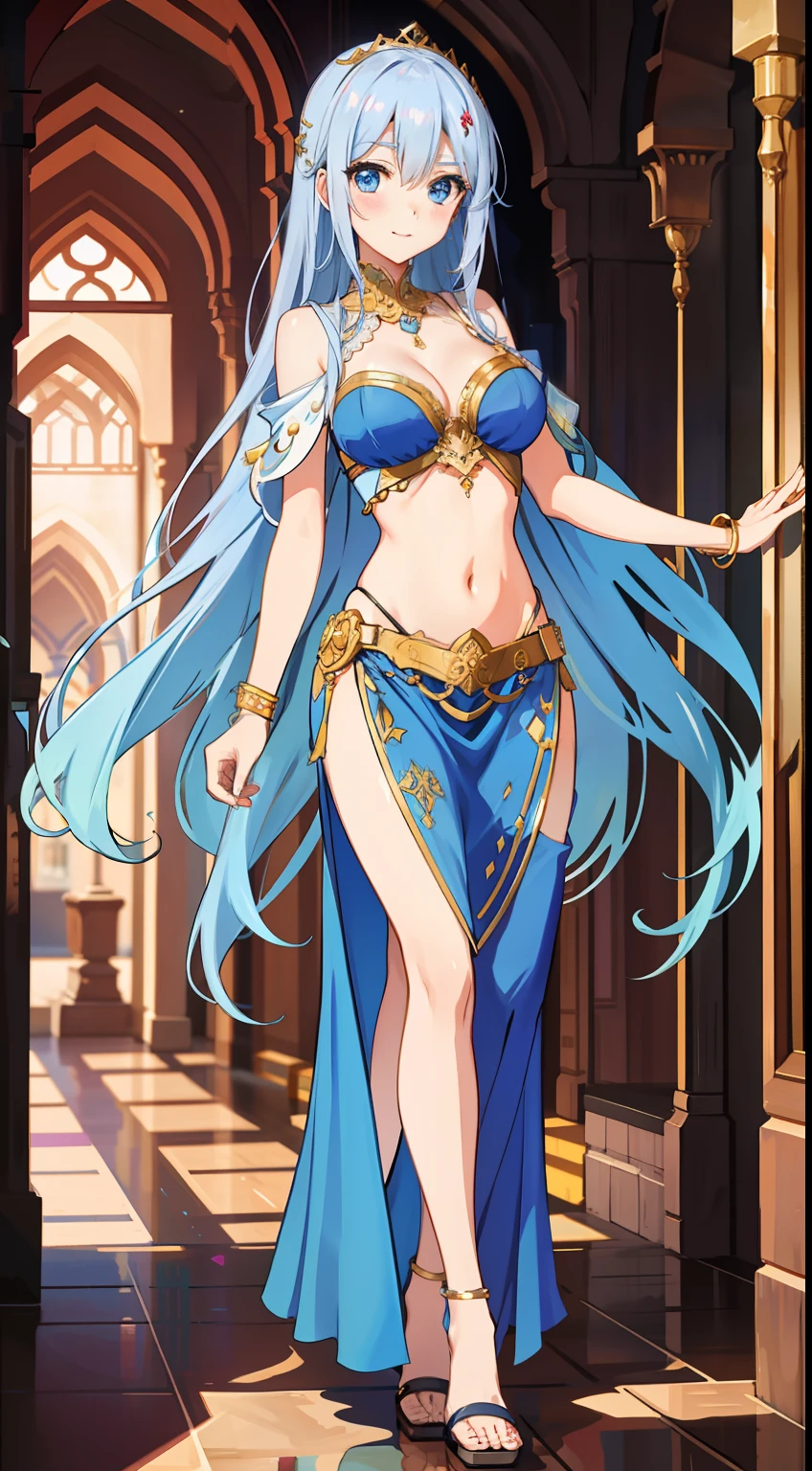 shikimori, medium breast, slim legs, blue gown, navel, skirt, standing, beautiful eyes, blue eyes, happy, arabian belly dancer, walking