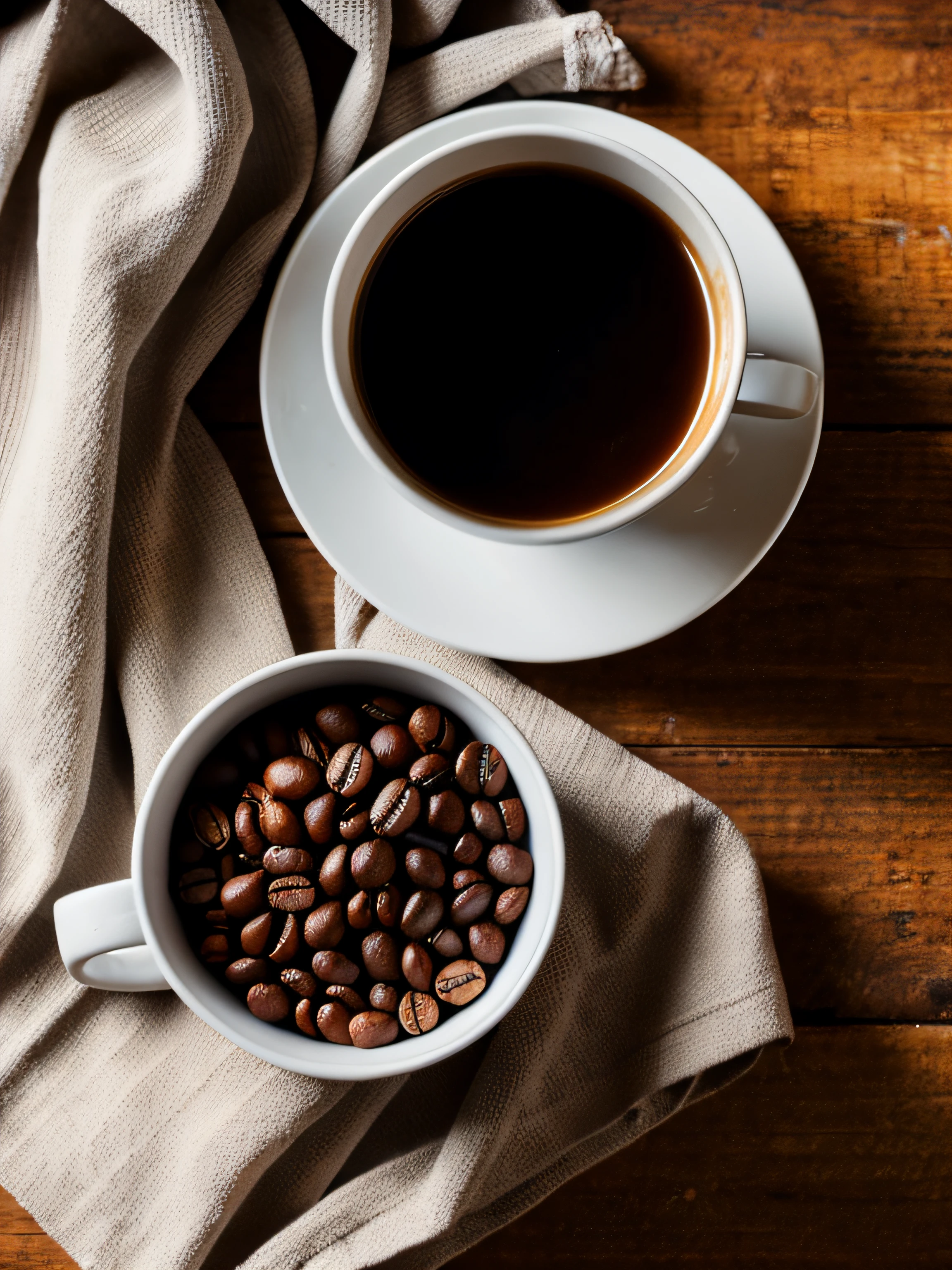 roasted coffee and beans spread over on a cloth photographed with a 35mm HDR ultra realistic macro camera