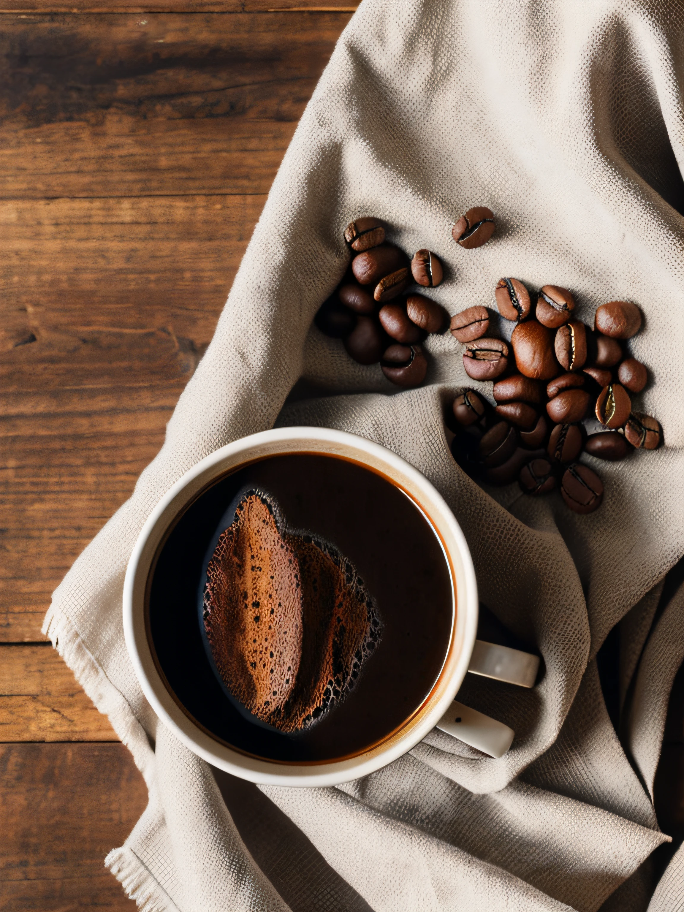 roasted coffee and beans spread over on a cloth photographed with a 35mm HDR ultra realistic macro camera