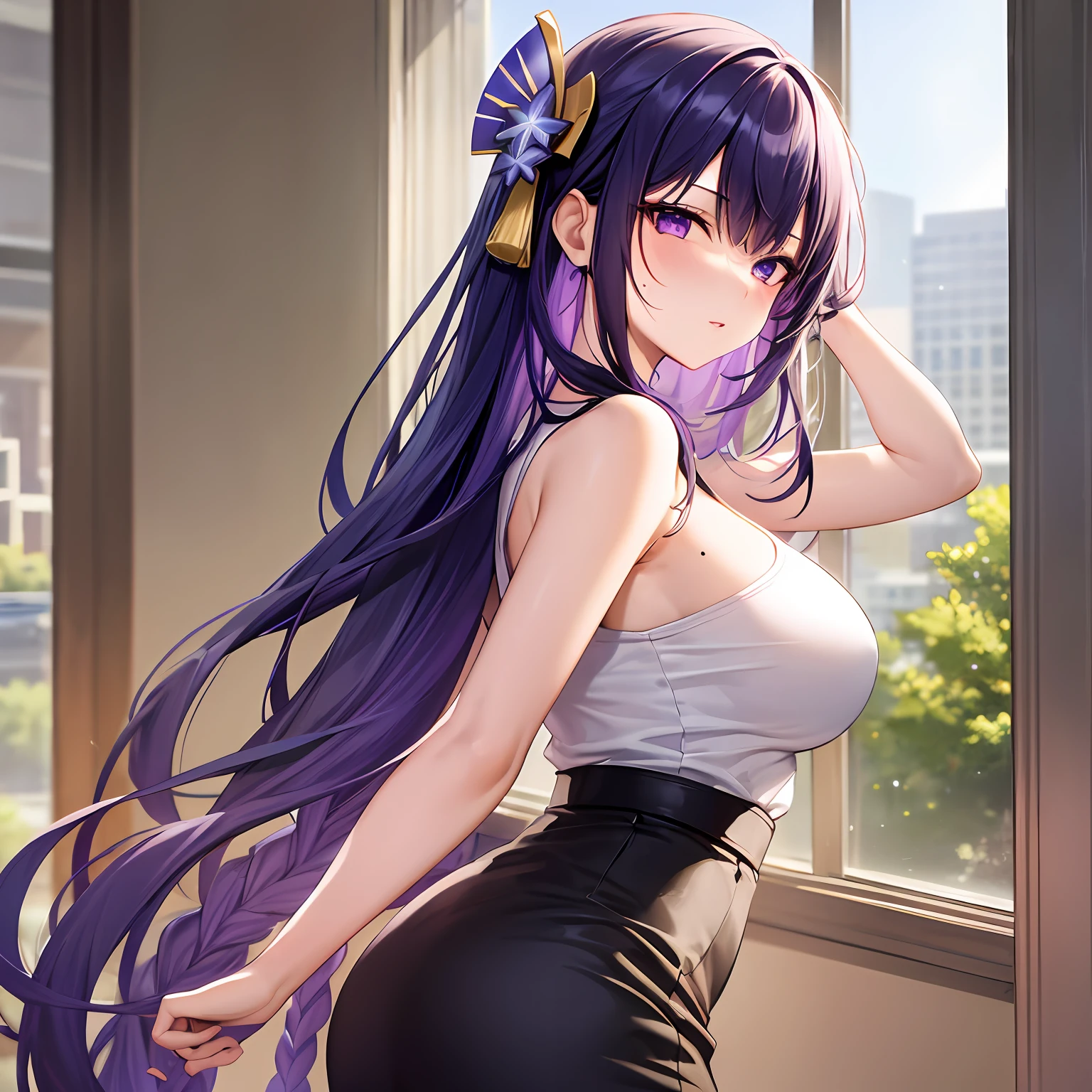 masterpiece, ultra-detailed hair, better lights, better shadows, shogun raiden,1girl, raiden shogun, breasts, skirt, purple hair, solo, long hair, large breasts, purple eyes, braid, ass, looking at viewer, braided ponytail, hair ornament, sleeveless, hair flower, black skirt, shirt, indoors, flower, looking back, bangs, bare shoulders, pencil skirt, from behind, window, thighs, mole under eye, sleeveless shirt, mole, white shirt, blush, bare arms, office lady, very long hair, plant, contemporary, parted lips, miniskirt, single braid, closed mouth, purple flower, pantylines, standing, alternate costume, ribbed shirt,