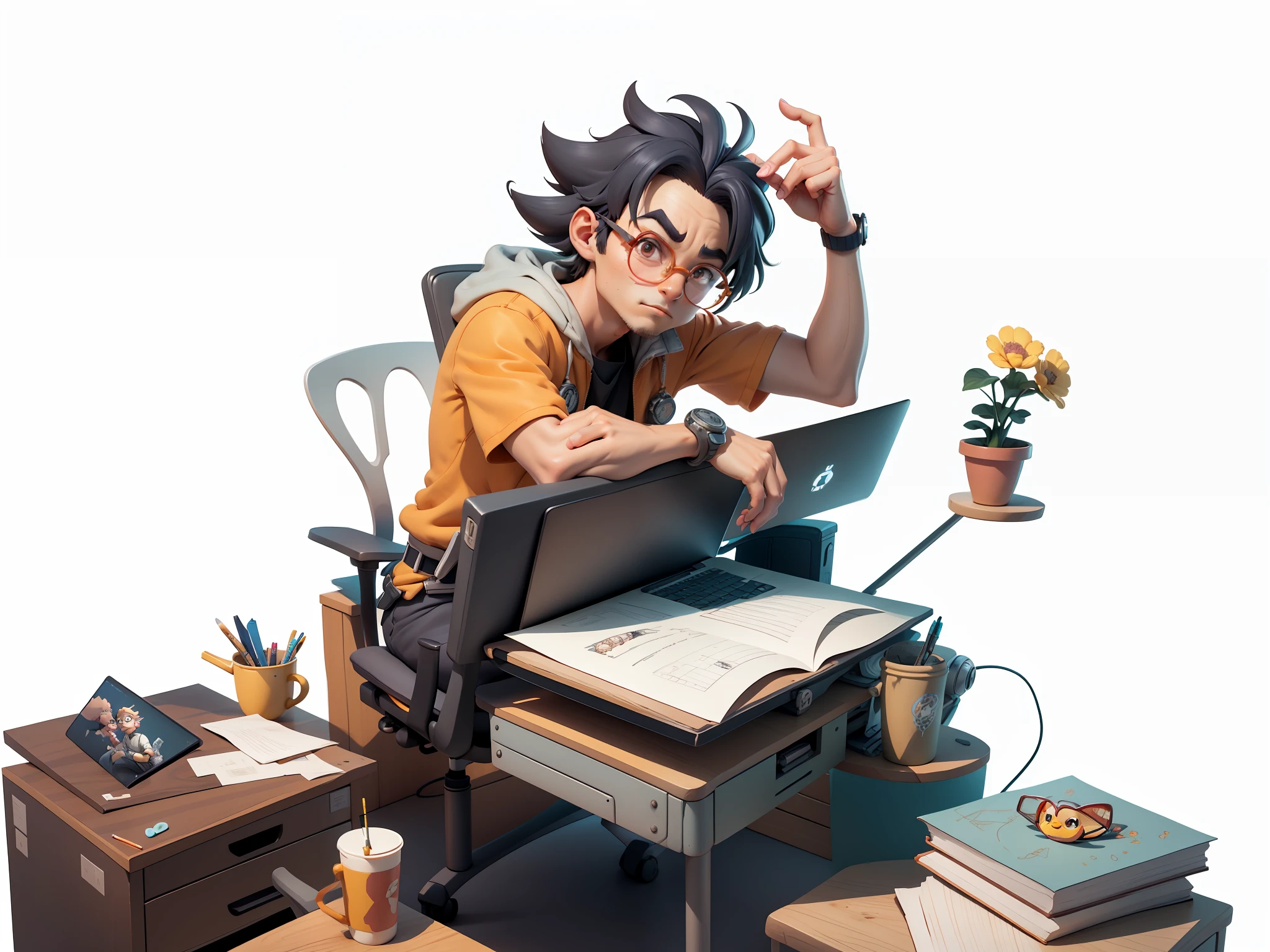 A young man with glasses sits at his desk，holding laptop，digitial painting，3D character design by Mark Clairen and Pixar and Hayao Miyazaki and Akira Toriyama，4K HD illustration，Very detailed facial features and cartoon-style visuals。