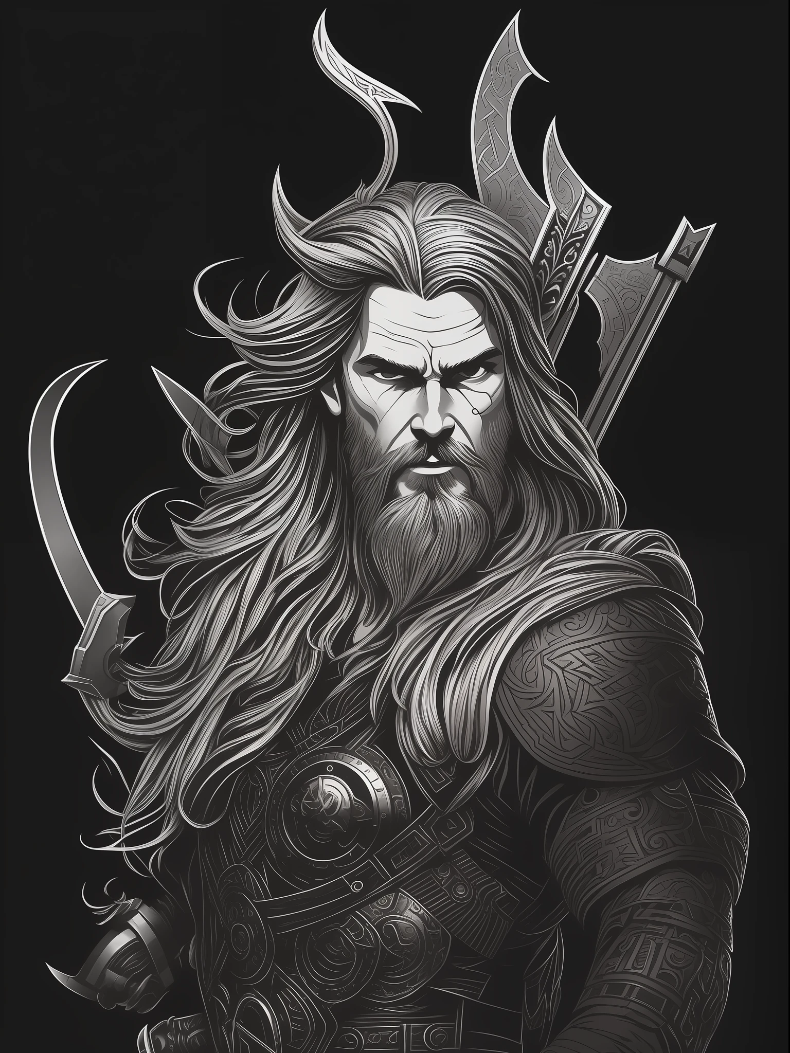 Norse Thor God, t-shirt art, 2D, ((black background :1, 5)), vector, vivid colors, masterpiece, best quality, intricate details, perfect symmetrical face, realistic details, gothic theme, rim light, moonlight, cinematic shading, Greg Rutkowisk