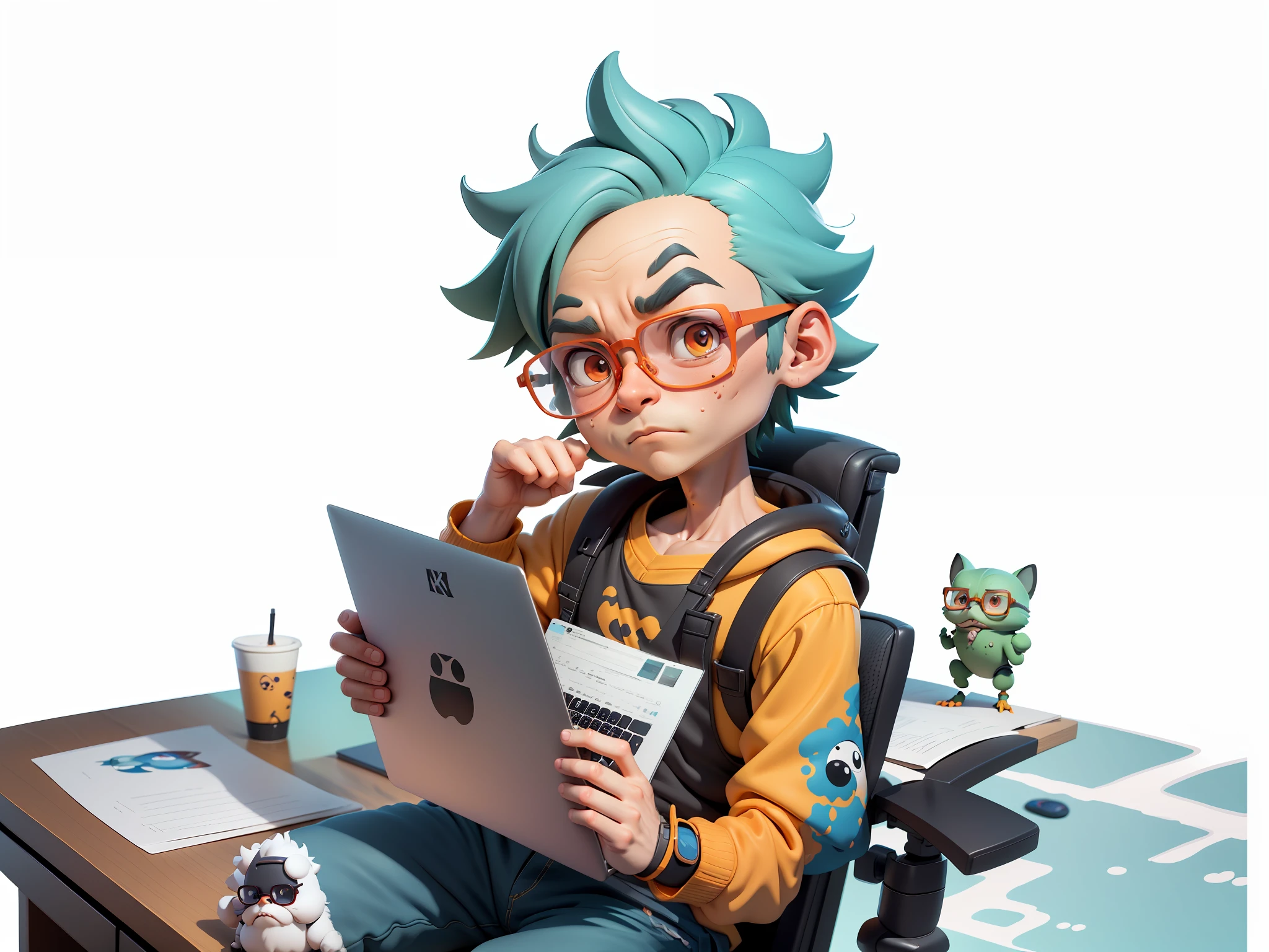A young man with glasses sits at his desk，holding laptop，digitial painting，3D character design by Mark Clairen and Pixar and Hayao Miyazaki and Akira Toriyama，4K HD illustration，Very detailed facial features and cartoon-style visuals。
