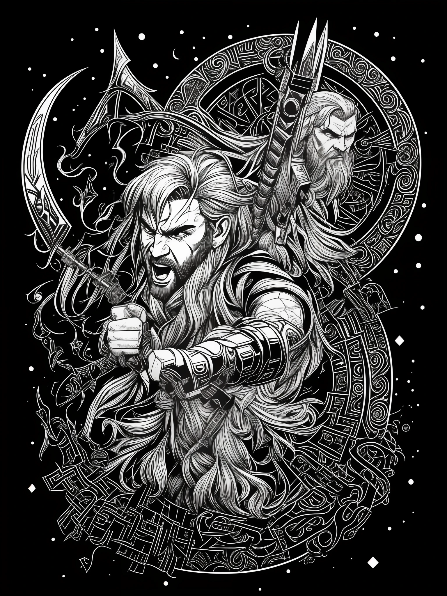 Norse Thor God, t-shirt art, 2D, ((black background :1, 5)), vector, vivid colors, masterpiece, best quality, intricate details, perfect symmetrical face, realistic details, gothic theme, rim light, moonlight, cinematic shading, Greg Rutkowisk