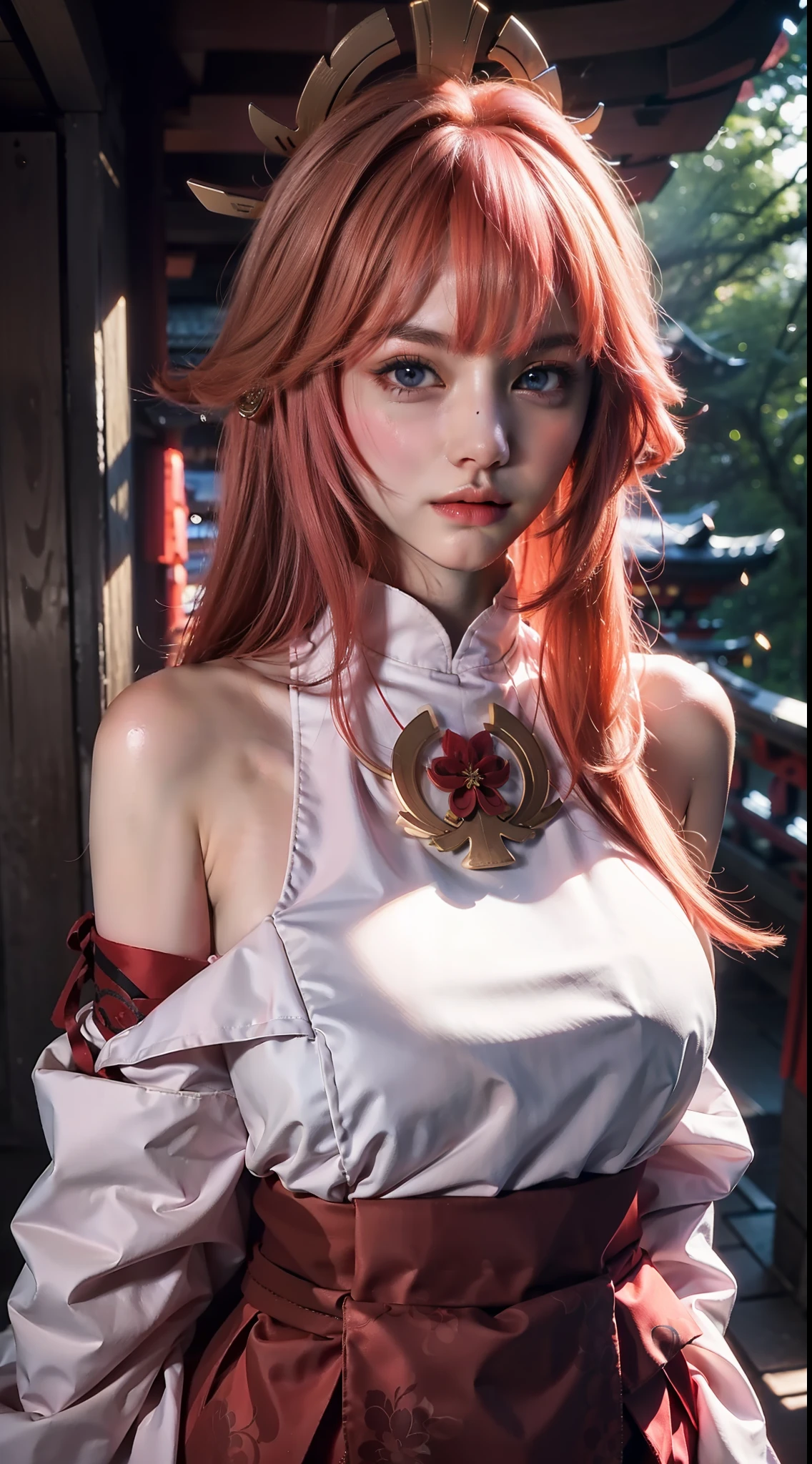 (tmasterpiece,Need,1girl,solo,The details are complex,color difference),photorealestic,((Medium breath)),cropped shoulders,huge tit,Raised sexy,yae miko,Pink Long Hair,red headgear,Red highlight,Hair above one eye,Green eyes,耳Nipple Ring,sharp look,Perfectly symmetrical figure,choker,Neon shirt,Open jacket,high-necksweater,against a wall,brick walls,scribbles,dim murky lights,alley,looking at viewert,((Mean streak,Cleavage is seductive,big breasts enchanting)),(((sakurabackground))),(((Japanese temple background))), (((Glow-in-the-dark background)))high high quality,tmasterpiece,tmasterpiece,Delicate facial features,Delicate hair,Delicate eyes,Delicate colored hair,4k画质,Brilliant light and shadow,dingdall effect,Halo,Messy hair,Young state,Gorgeous scene,Beautifully dressed,锁链,feater, Need,The illustrations are super detailed,Beautiful eyes,Very fine light,Very fine glow,Extremely fine 8KCG wallpaper,Lilac eyes,Pink pupils,A girl with the utmost delicateness。 Extremely detailed CG group,8k wallpaper,best qualtiy,