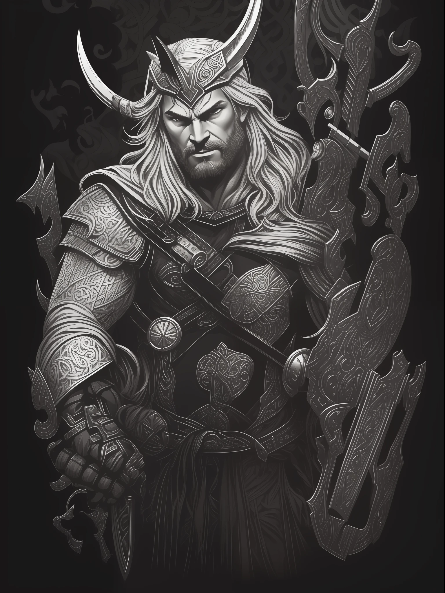 Norse Thor God, t-shirt art, 2D, ((black background :1, 5)), vector, vivid colors, masterpiece, best quality, intricate details, perfect symmetrical face, realistic details, gothic theme, rim light, moonlight, cinematic shading, Greg Rutkowisk