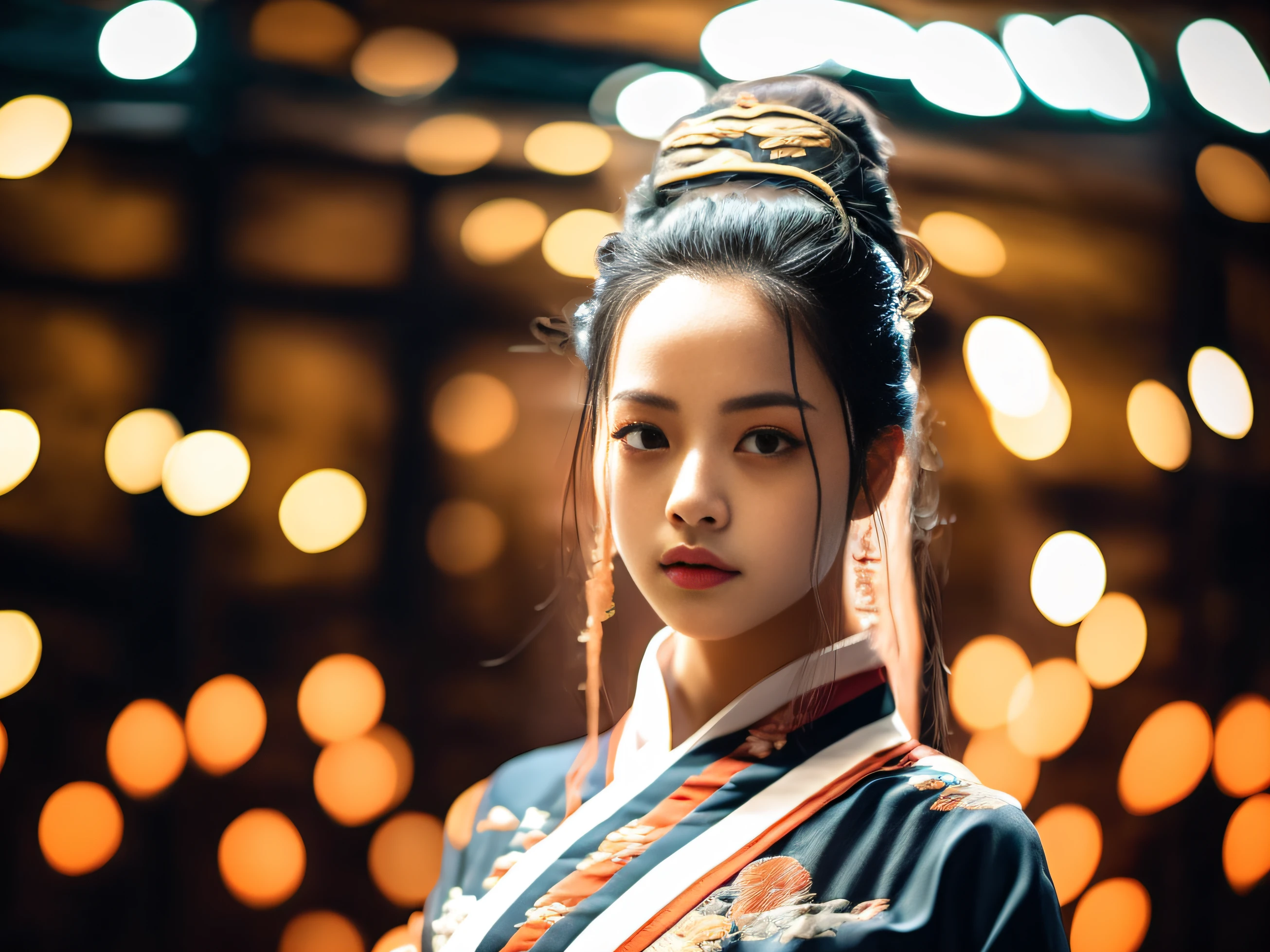 best quality, masterpiece, highres, wuxia 1girl,blush,(seductive smile:0.8),star-shaped pupils,china hanfu,hair ornament,necklace, jewelry,Beautiful face,upon_body, tyndall effect,photorealistic, dark studio, rim lighting, two tone lighting,(high detailed skin:1.2), 8k uhd, dslr, soft lighting, high quality, volumetric lighting, candid, Photograph, high resolution, 4k, 8k, Bokeh