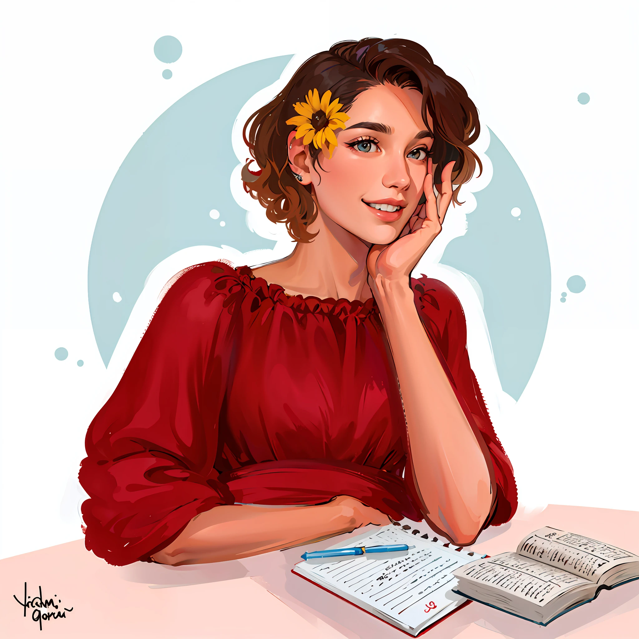 uma mulher sentada em uma mesa com um livro e uma flor em seu cabelo, digital illustration portrait,