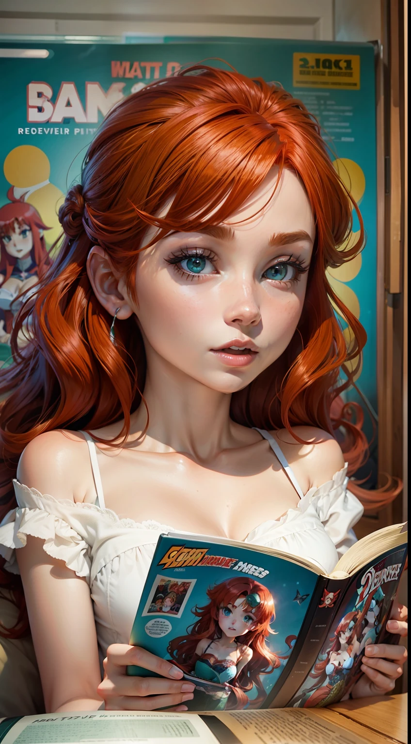 redhead, mermaid, animated, anime, cartoon, anime, animated, 2d, reading comic book.