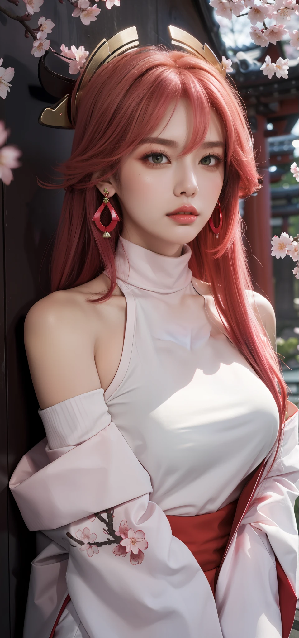 (Masterpiece, Excellent, 1girl, solo, complex details, color difference), realism, ((medium breath)), off-the-shoulders, big breasts, sexy, Yae Miko, long pink hair, red headdress, red highlight, hair above one eye, green eyes, earrings, sharp eyes, perfectly symmetrical figure, choker, neon shirt, open jacket, turtleneck sweater, against the wall, brick wall, graffiti, dim lighting, alley, looking at the audience, ((mean, seductive, charming)), ((cherry blossom background ))),((Japanese temple background)))), (((Glow-in-the-dark background)))