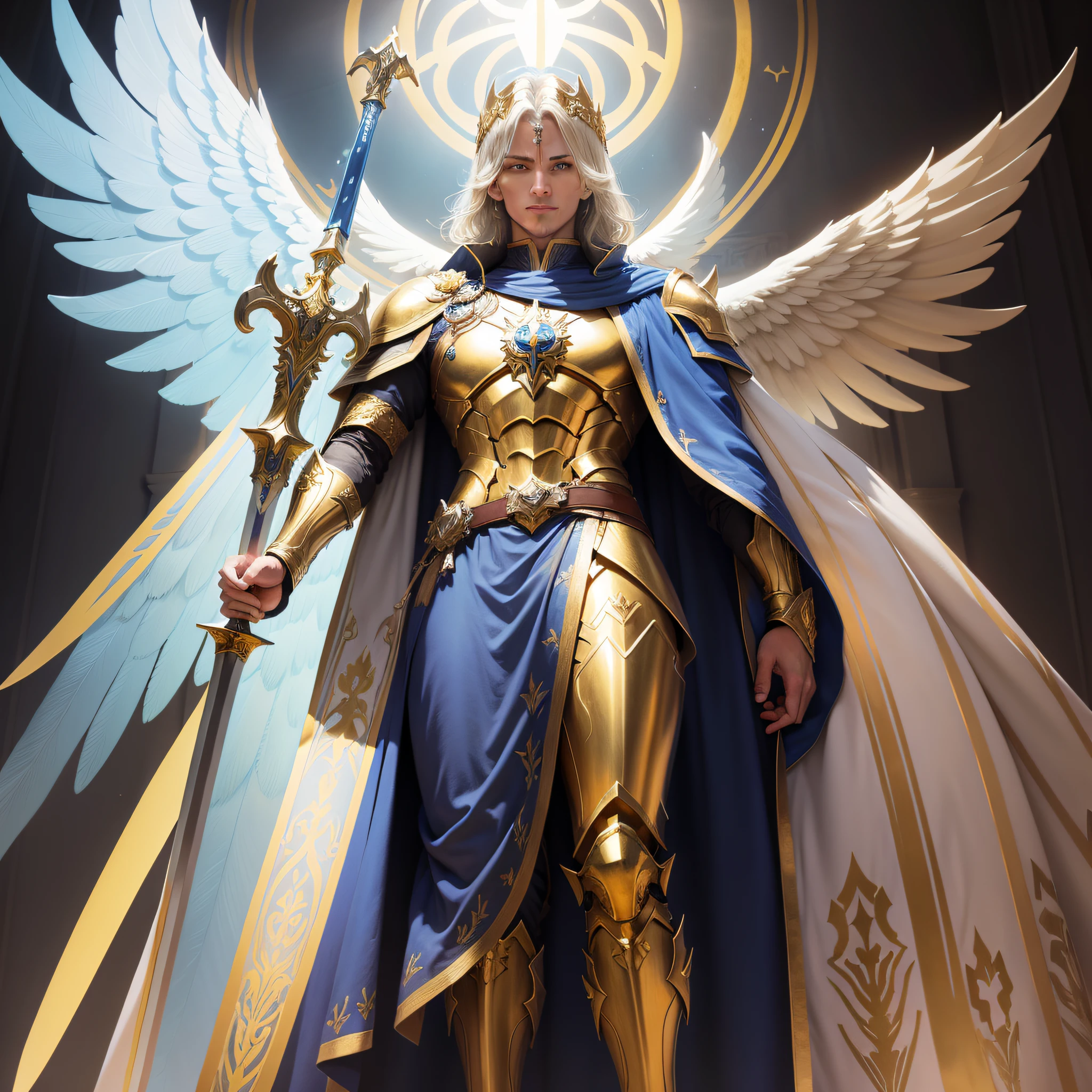 poster of the Archangel Gabriel, dressed in his shining gold armor and around him blue and yellow fabrics, in his right hand Blade a great sword and with his right leg the head of the Russian demon
