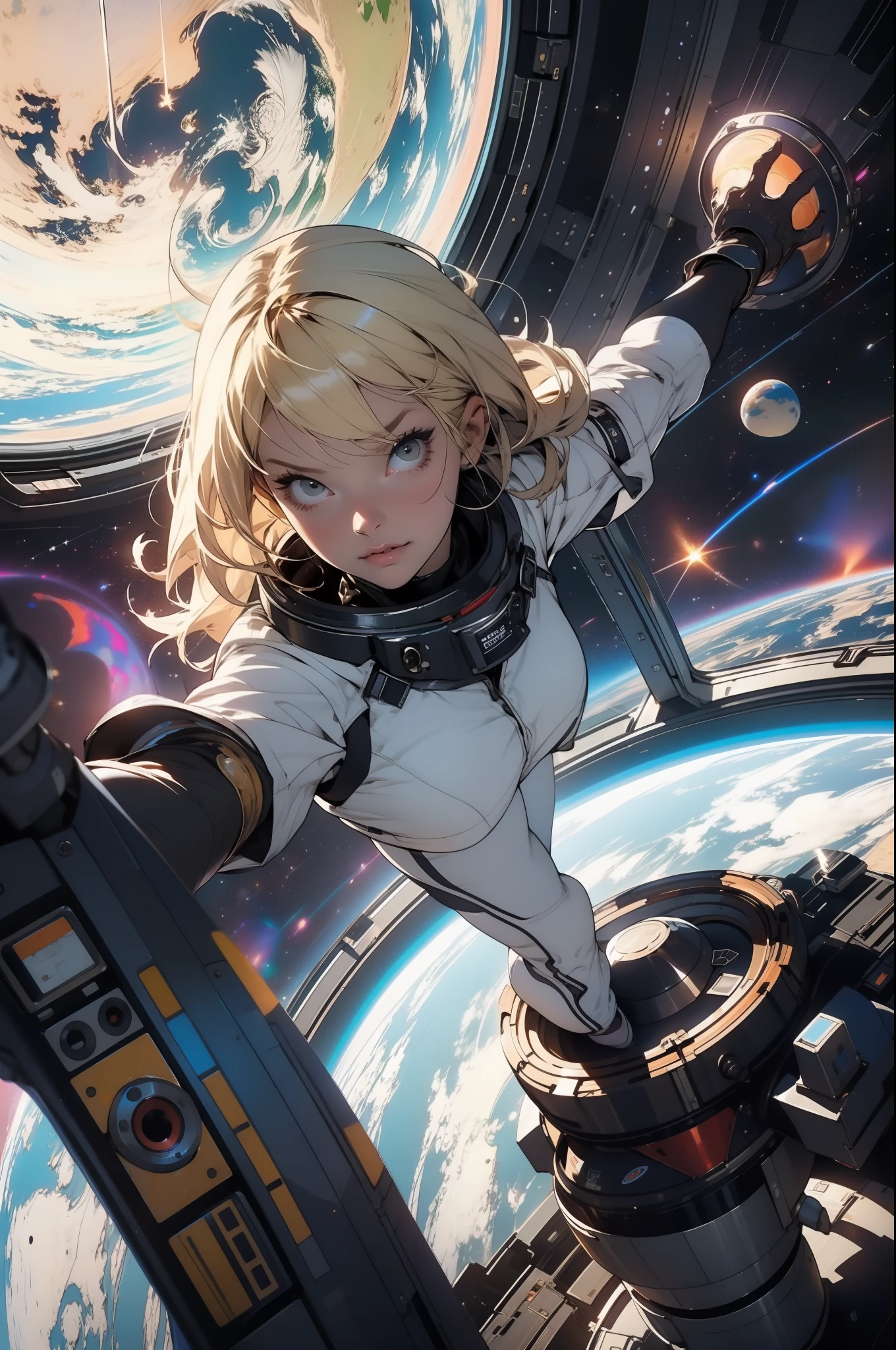 A bombastic blonde with perfect body on a space station floating in space with Earth in the background, Full body in an action pose