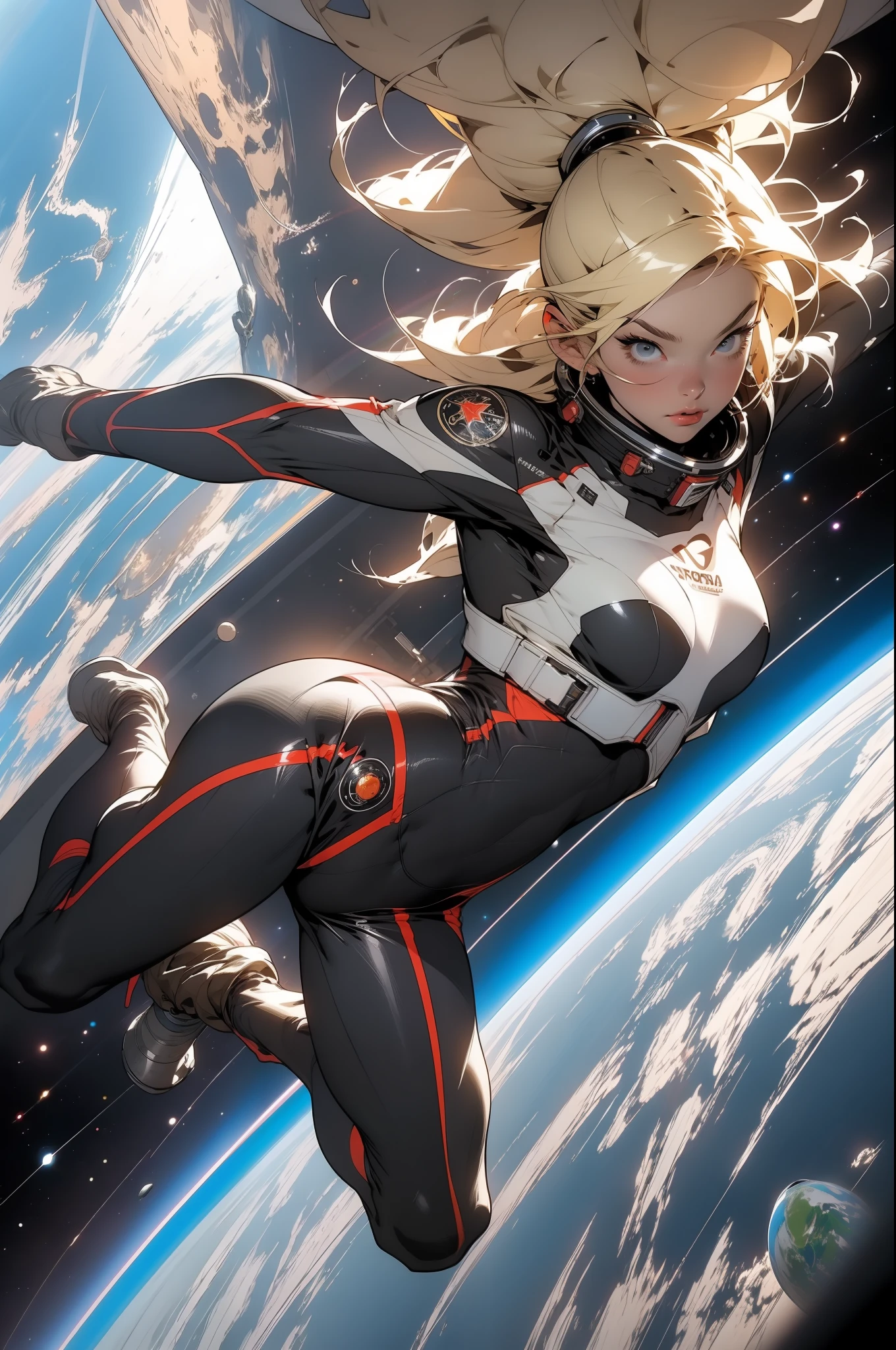 A bombastic blonde with perfect body on a space station floating in space with Earth in the background, Full body in an action pose