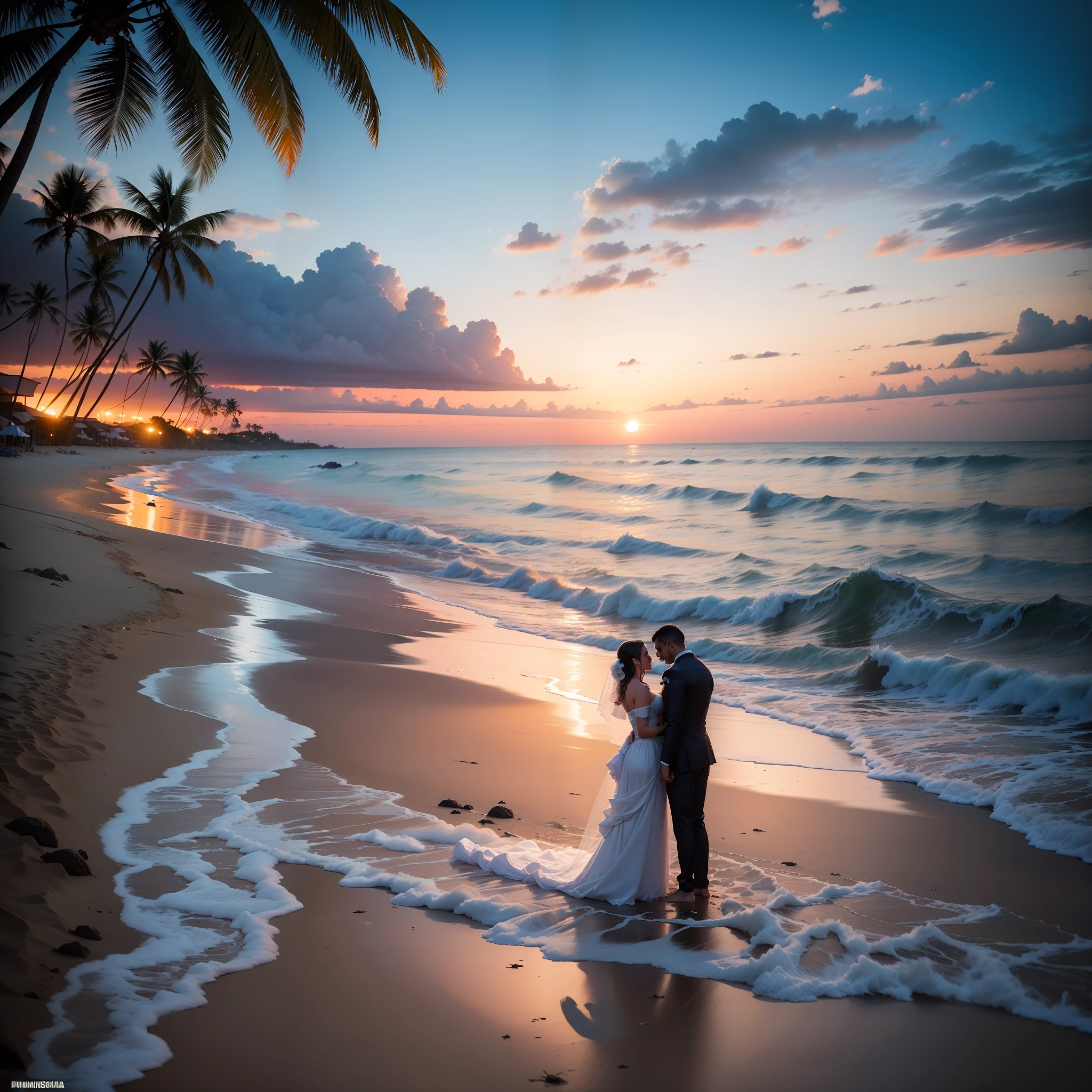 um casamento na praia brasileira, clima de festa, pessoas comemorando, atmosfera, Paradisiacal beach, pessoas bonitas, fogueira, entardecer, foto profissional e ultra realista