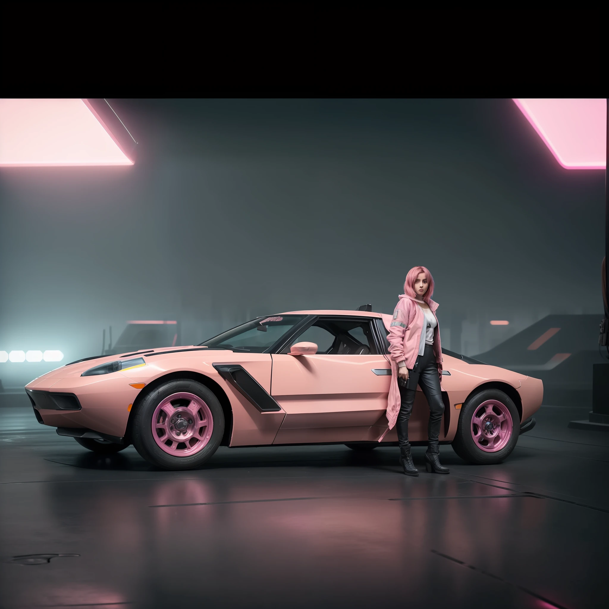(8k, ARTISTIC photography, best quality, masterpiece: 1.2), (realistic, photorealistic: 1.37) arafed car with a cyberpunk girl ( cute Pink hair standing next to it in the fog, (( dressed in a pink bubble jacket )), concept art inspired by roger deakins,(((pure 8K))), (((perfect anatomy))), extremely high-quality graphics, tumblr, conceptual art, in the movie blade runner 2049, blade runner 2049 film, bladerunner car, blade runner 2049 style, style of blade runner 2049