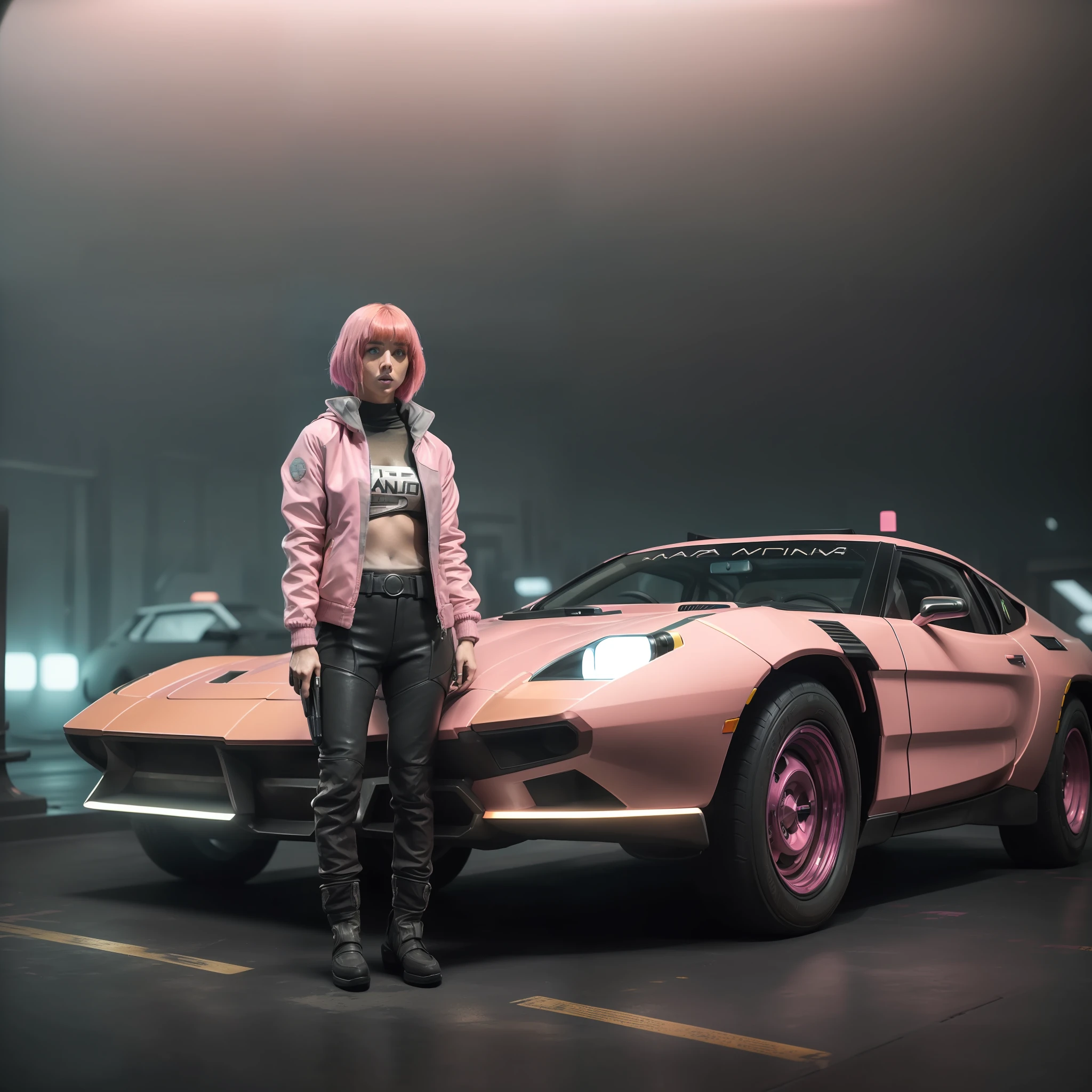 (8k, ARTISTIC photography, best quality, masterpiece: 1.2), (realistic, photorealistic: 1.37) arafed car with a cyberpunk girl ( cute Pink hair standing next to it in the fog, (( dressed in a pink bubble jacket )), concept art inspired by roger deakins,(((pure 8K))), (((perfect anatomy))), extremely high-quality graphics, tumblr, conceptual art, in the movie blade runner 2049, blade runner 2049 film, bladerunner car, blade runner 2049 style, style of blade runner 2049