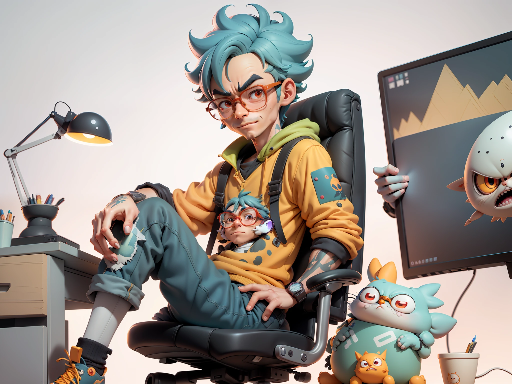 A young man with glasses sits at his desk，holding laptop，digitial painting，3D character design by Mark Clairen and Pixar and Hayao Miyazaki and Akira Toriyama，4K HD illustration，Very detailed facial features and cartoon-style visuals。
