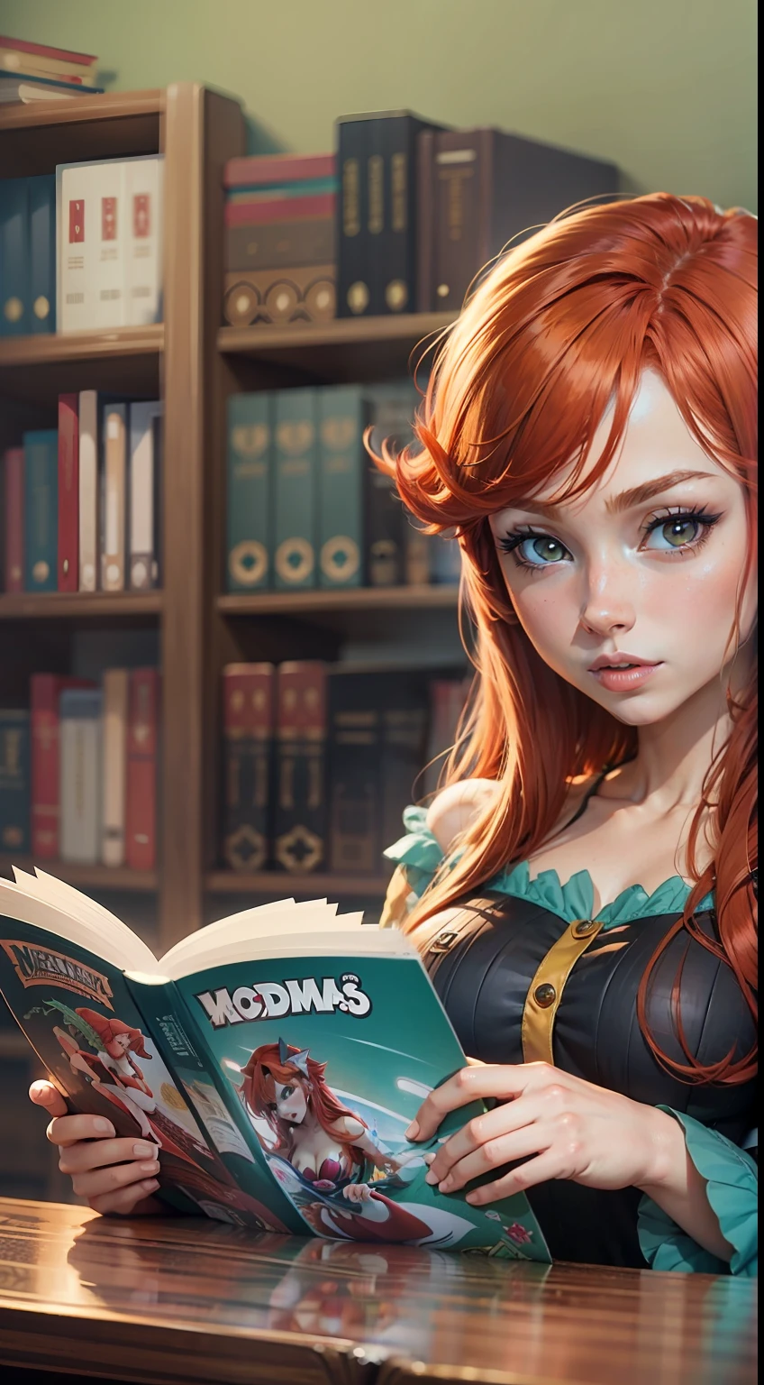 redhead, mermaid, animated, anime, cartoon, anime, animated, 2d, reading comic book.