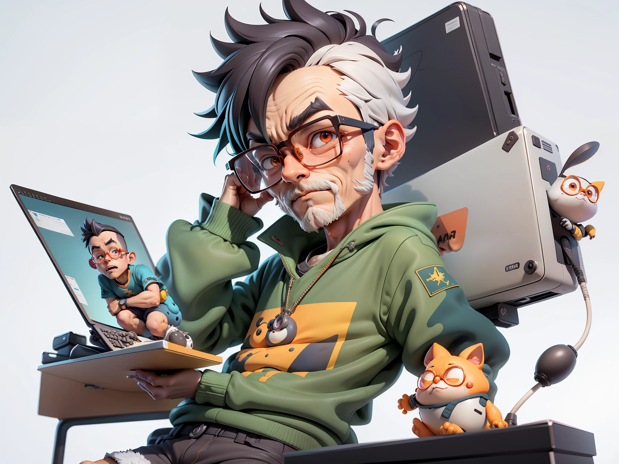 A young man with glasses sits at his desk，holding laptop，digitial painting，3D character design by Mark Clairen and Pixar and Hayao Miyazaki and Akira Toriyama，4K HD illustration，Very detailed facial features and cartoon-style visuals。