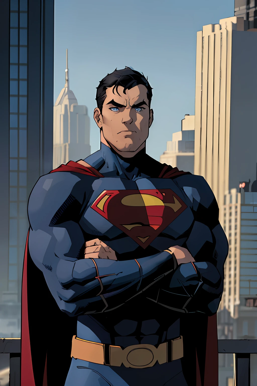 1boy, batman, abs, bara, black hair, blue bodysuit, blue eyes, bodysuit, cape, closed mouth, crossed arms, large pectorals, male focus, muscular, muscular male, pectoral lift, pectorals, red cape, short hair, outdoors, skyscrapers, solo, superhero, upper body , ((masterpiece))