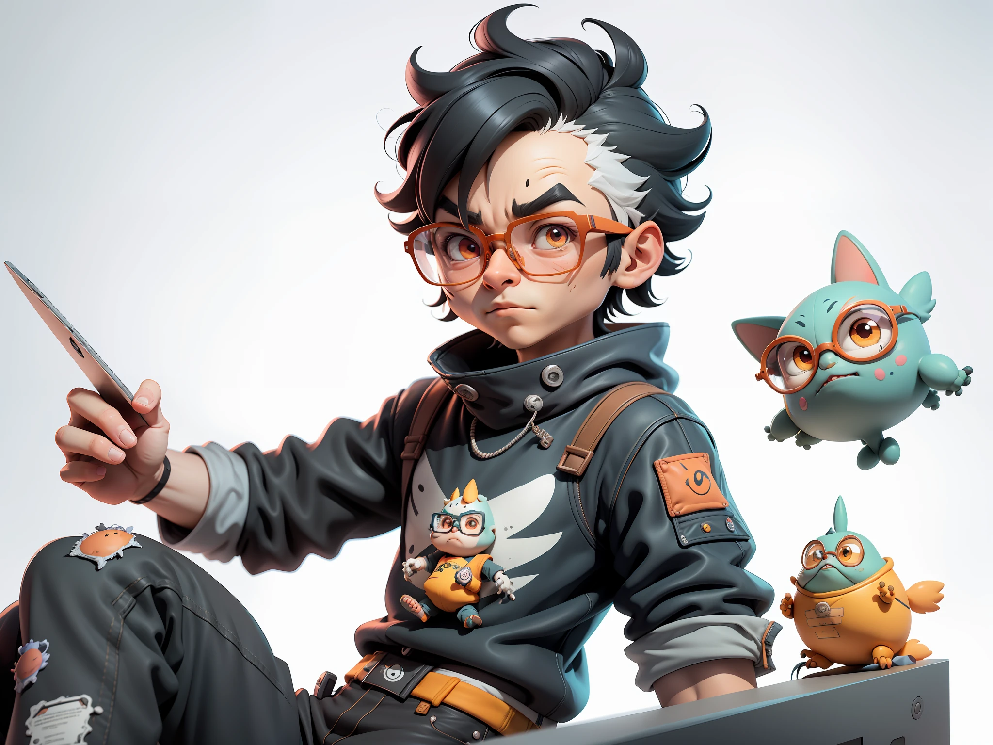 A young man with glasses sits at his desk,holding laptop,digitial painting,3D character design by Mark Clairen and Pixar and Hayao Miyazaki and Akira Toriyama,4K HD illustration,Very detailed facial features and cartoon-style visuals。