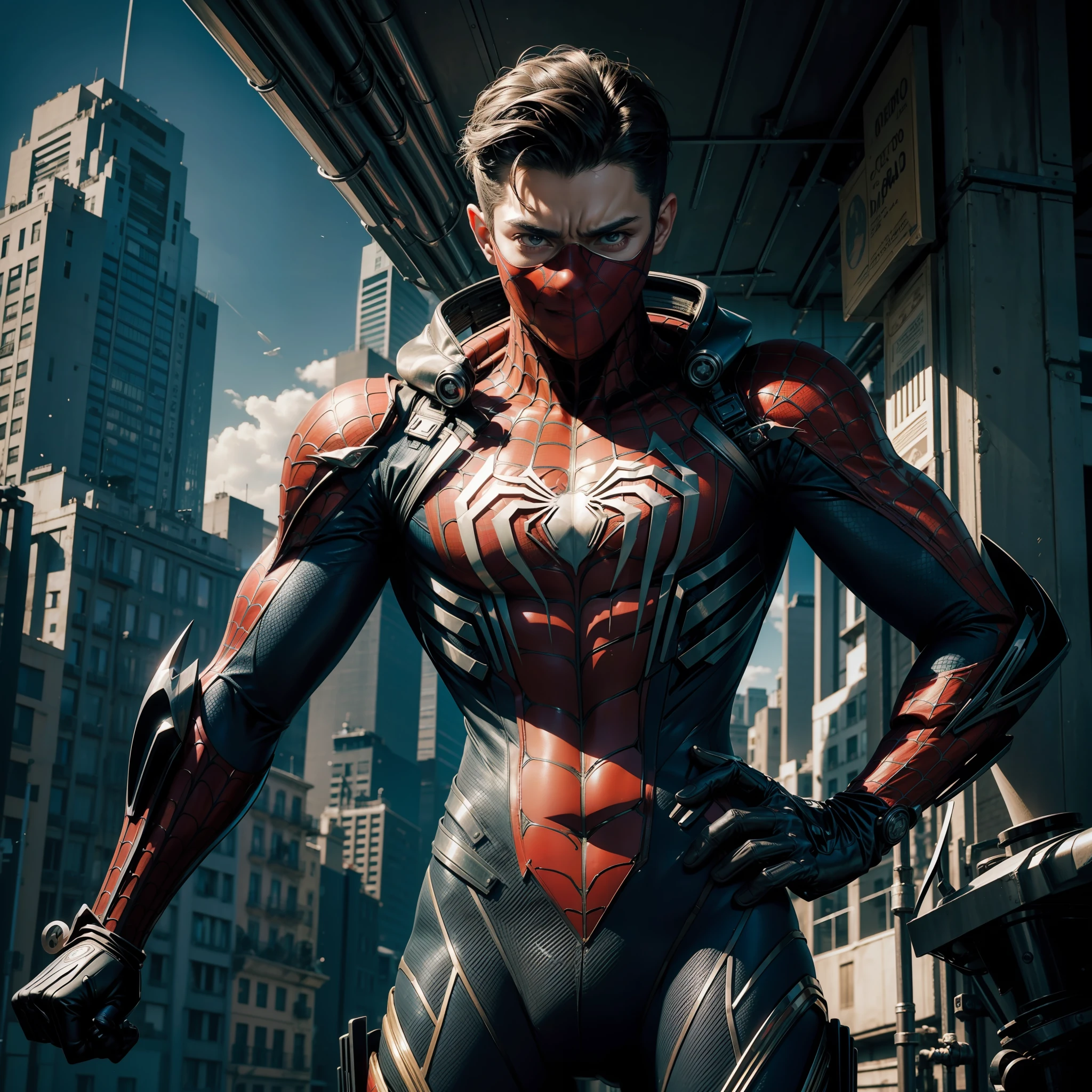cuerpo entero, 8k, obra maestra, ciudad a escala, spiderman a escala, with ultra-detailed technological suit, mezclado con traje venom 1:2, mezclado con partes ciborg ultra detalladas, mecha spiderman, totalmente futurista, manos detalladas, rostro detallado, ojos detallados, cuerpo delgado muy detallado, saltandopor new york