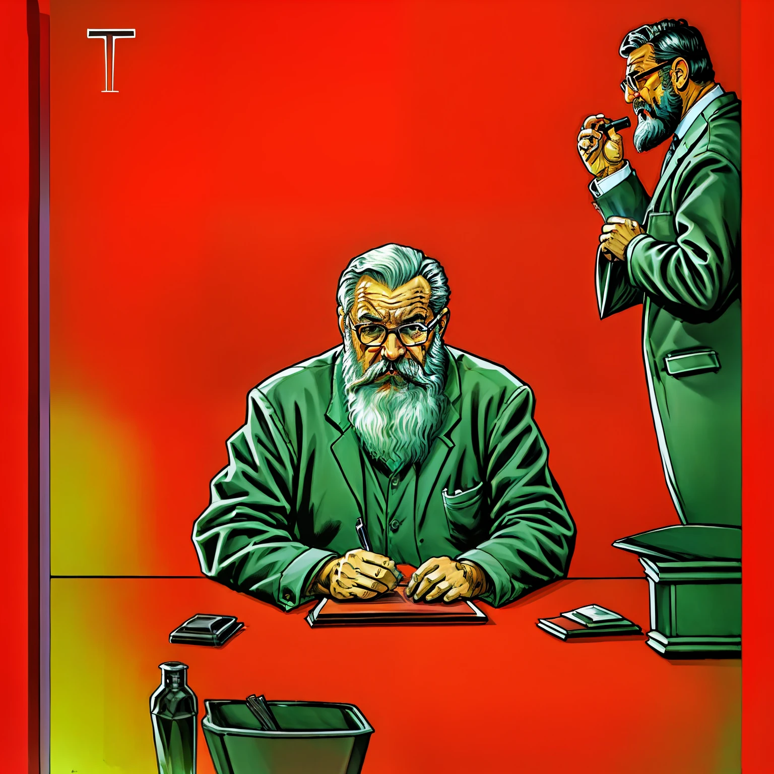 There's an old bearded professor sitting at a desk studying angrily, arte Pulp anos 60