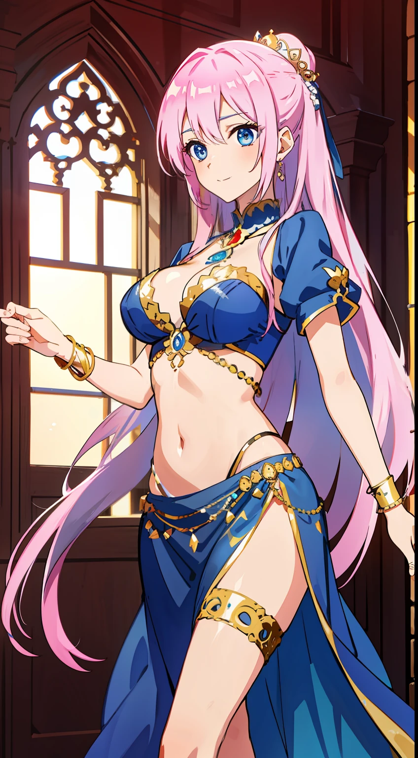 shikimori, medium breast, slim legs, blue gown, navel, skirt, standing, beautiful eyes, blue eyes, happy, arabian belly dancer, walking