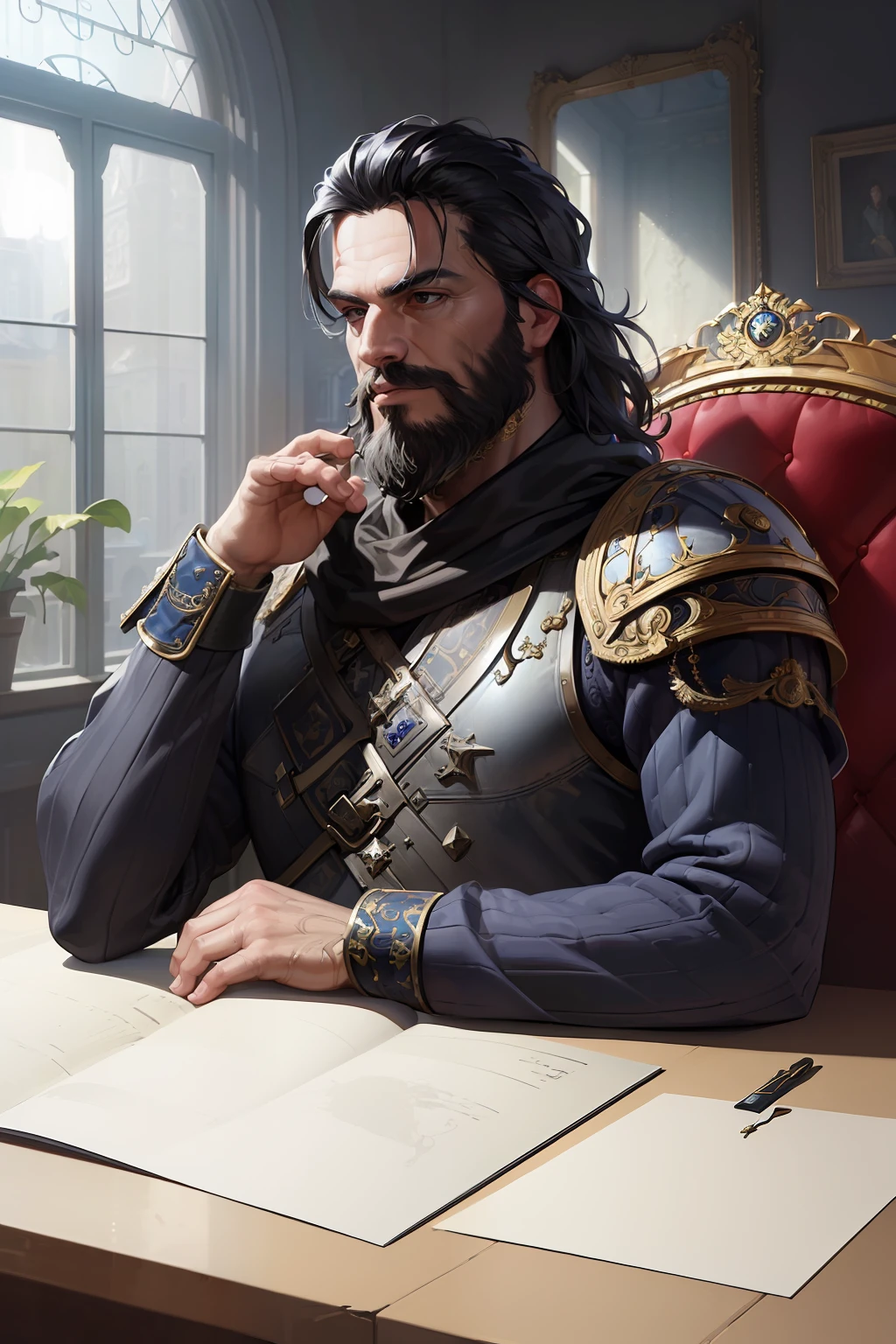 (Masterpiece, Best Quality:1.4), (Highres), (Hyper Detailed:1.4), (Digital Art:1.2), 4K, (Ornate:1.2),
Indoors, Renaissance, Vintage Windows,
Mature Male, Male Focus, Old, King, Black Beard, Black Hair, Armor, (Face Focus;1.4), (Solo:1.2),
