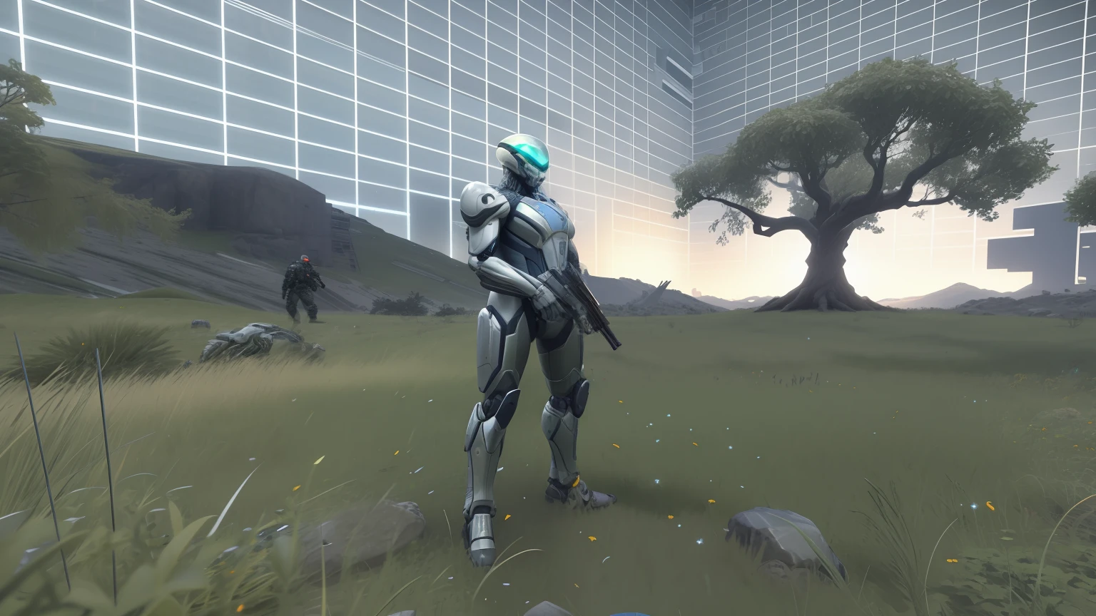 There was a man standing in the field with a rifle, in game capture 3d render, cybernetic and highly detailed, discarded mechsuit in background, in-game, in - game, crysis nanosuit, clothed in sci-fi military armor, on an alien grassland, cybernetic enhancements, in game engine, in game