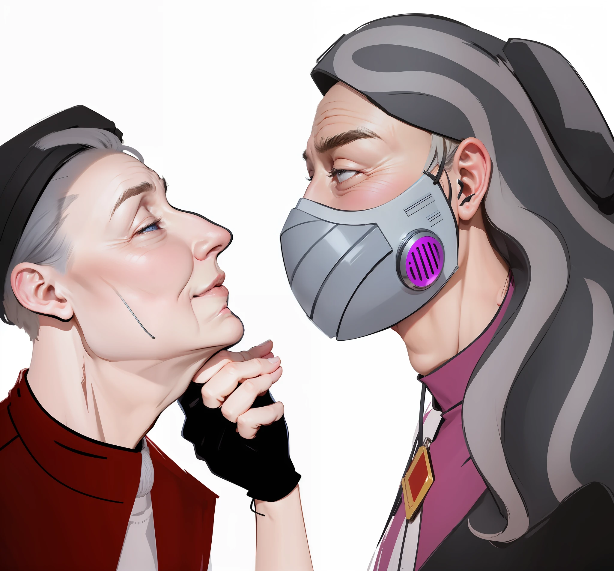 An elderly woman in a respirator holds an elderly man by the chin