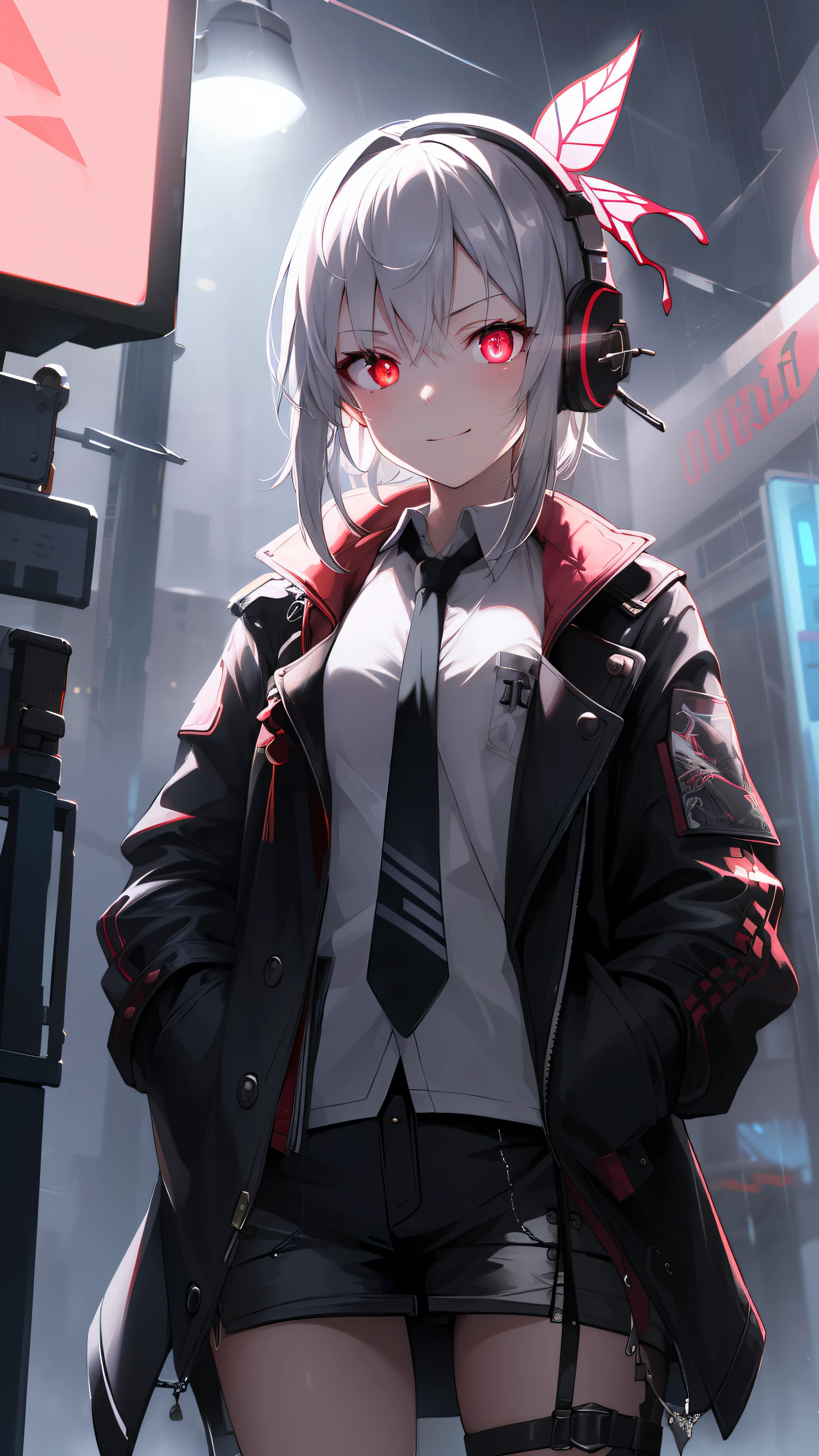 , chromatic aberration, Depth of field, soft-lighting, Masterpiece, Best Quality, Intricate, tone mapped, Highly detailed, Artstation, Concept art, Smooth, sharp-focus, dramatic  lighting, highly detailed artwork, Cinematic, hyper-realistic painting, Trending on the art station, 8K, Incredible shadows, Realistic, (highly detailed background:1.0), Very detailed portrait of a single girl 1, standing on the corner of the street, during a downpour with lightning strikes and cloudy sky, neon and cyberpunk background, she is dressed in punk clothing with silver chains and silver spikes, She has a hairpin in the form of a butterfly's wing in her wild hair, She is wearing headphones and a tie, Petite, detailed glowing red eyes with distinct pupils, the sinister aura of Halo, Smile, punk, ciberpunk, Backlighting