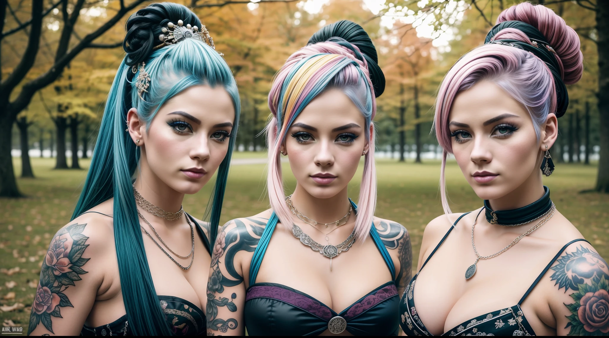 Punk-rococo-tattoo-ukiyo-e style. A selfie of some very pretty young Nordic-looking women. They are wearing an urban style, with necklaces, chains, thick rings, colorful hairstyles and modified military clothing with colorful patches. They are in a park right next to a paved area. Extreme realism, insane detail, intricate composition, cinematic quality, perfect photography, sublime colors.