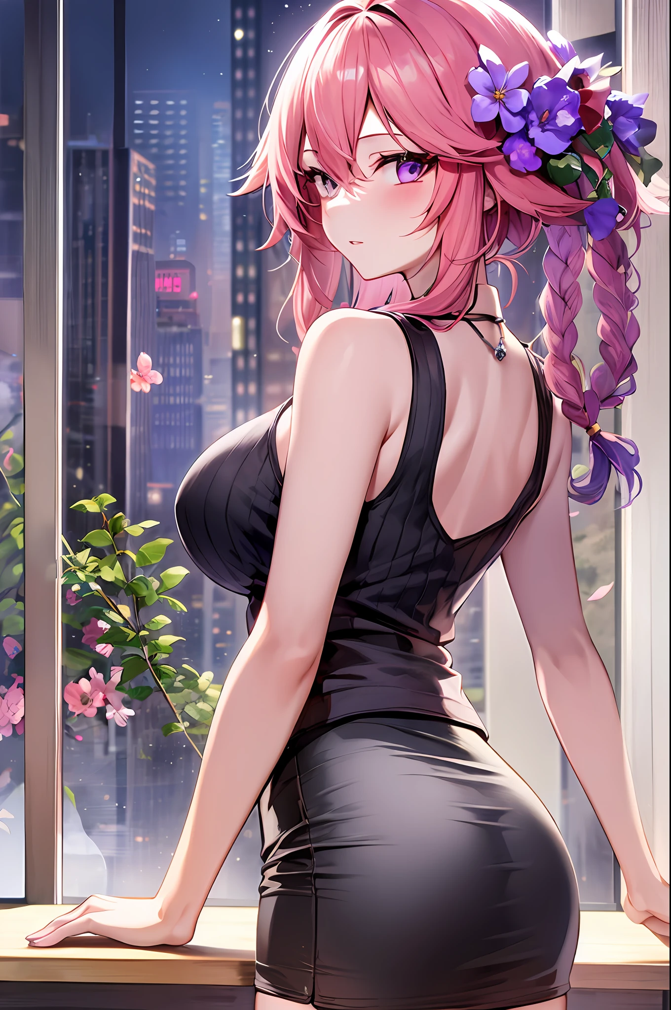 masterpiece, ultra-detailed hair, better lights, better shadows, miko yae,1girl, yae miko, breasts, skirt, pink hair, solo, long hair, large breasts, purple eyes, braid, ass, looking at viewer, braided ponytail, hair ornament, sleeveless, hair flower, black skirt, shirt, indoors, flower, looking back, bangs, bare shoulders, pencil skirt, from behind, window, thighs, mole under eye, sleeveless shirt, mole, white shirt, blush, bare arms, office lady, very long hair, plant, contemporary, parted lips, miniskirt, single braid, closed mouth, purple flower, pantylines, standing, alternate costume, ribbed shirt,