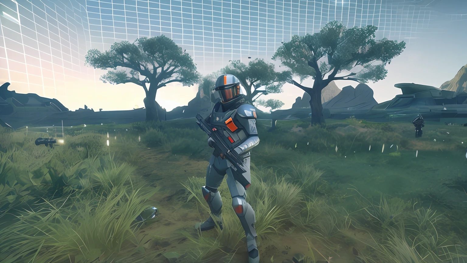 Arafeld soldiers holding rifles and helmets in the field, clothed in sci-fi military armor, sci-fi soldier, futuristic soldier, with futuristic gear and helmet, space soldier on mars with a gun, futuristic battlefield, in game, crysis nanosuit, in game capture 3d render, future soldier clothing, in - game, in-game,,Medical personnel