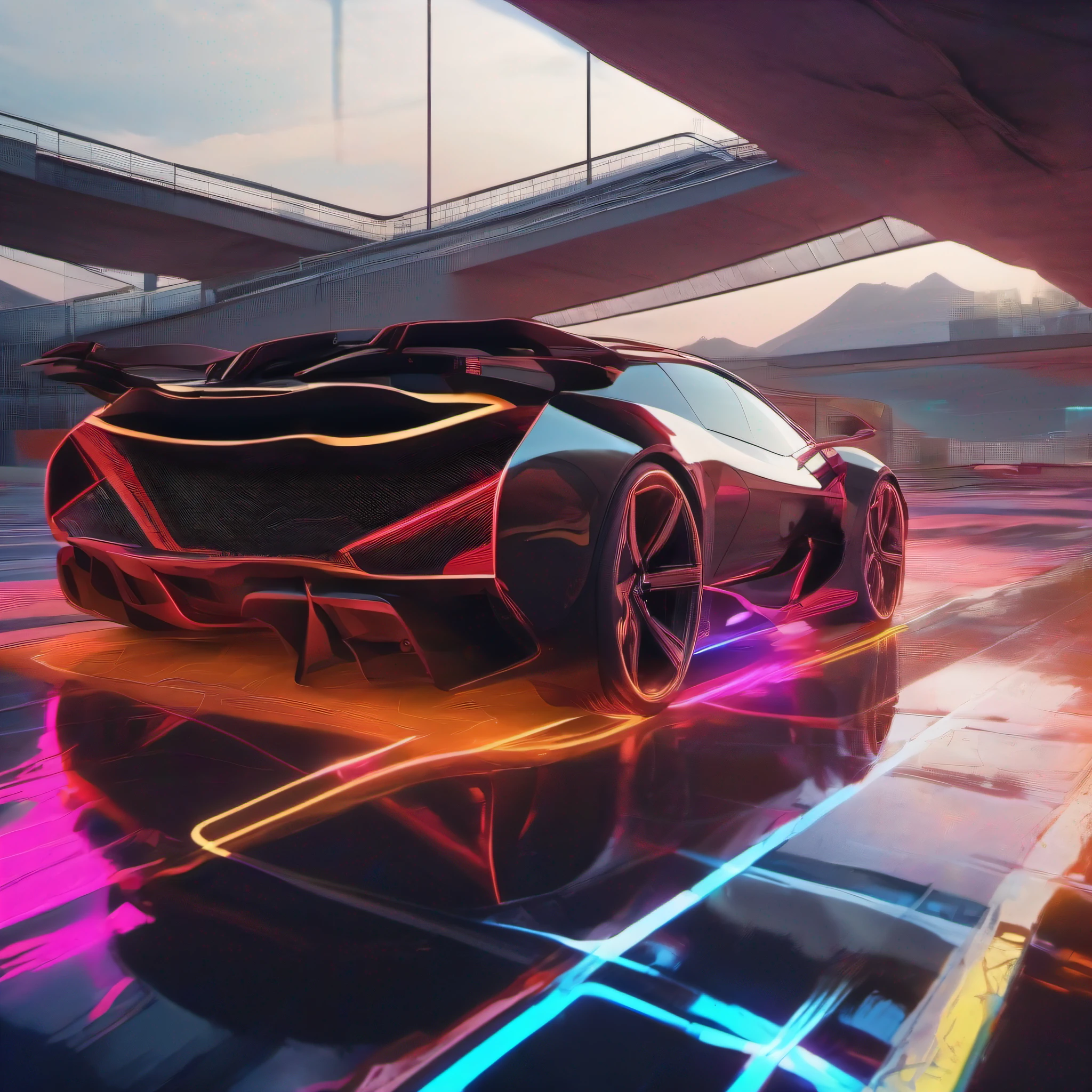 "carro esportivo, ultra detalhado, cores vibrantes, raios cinza e luzes neon extremamente brilhosos, moderno e futurista."