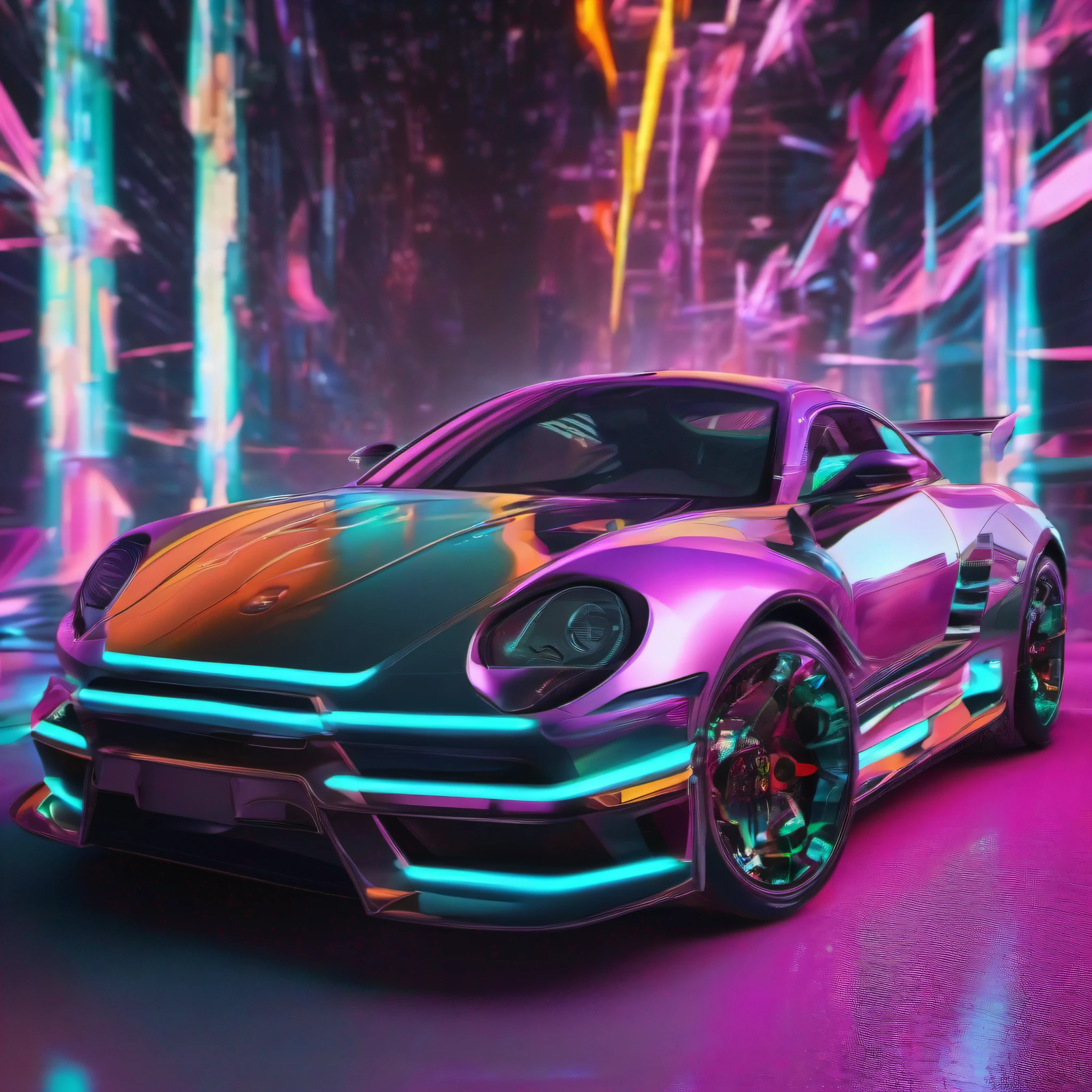"carro esportivo, ultra detalhado, cores vibrantes, raios cinza e luzes neon extremamente brilhosos, moderno e futurista."