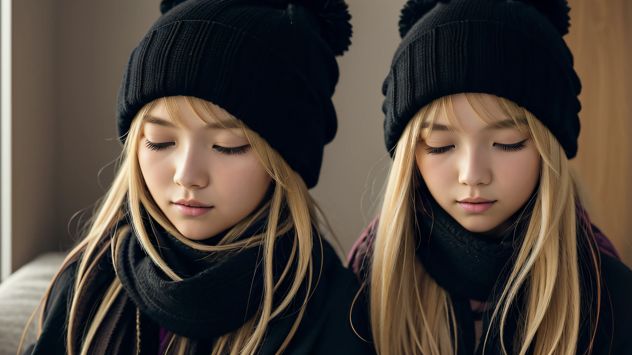 GIRL BLONDE CHILD with long hair wearing a scarf and a hat, sleepy fashion model face, sleepy, sleepy expression, Marisa Kirisame, wearing cute black scarf, prettier, sleeping, sick with a cold, Lalisa Manobal, Misa Amane*, very tired woman, sleeping, Takeyuki Kanda, Lalisa Manoban of blackpink