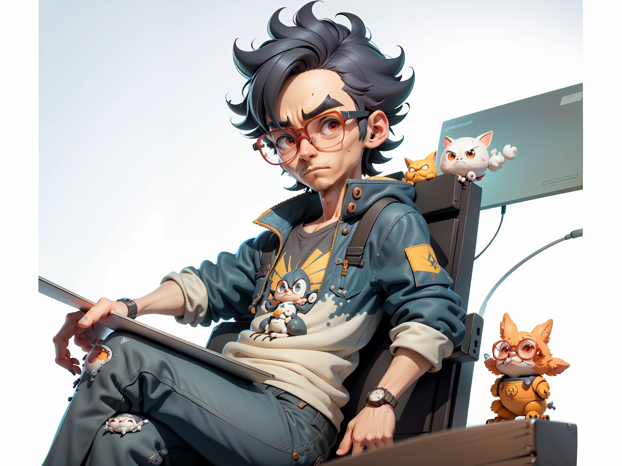 A young man with glasses sits at his desk,holding laptop,digitial painting,3D character design by Mark Clairen and Pixar and Hayao Miyazaki and Akira Toriyama,4K HD illustration,Very detailed facial features and cartoon-style visuals。