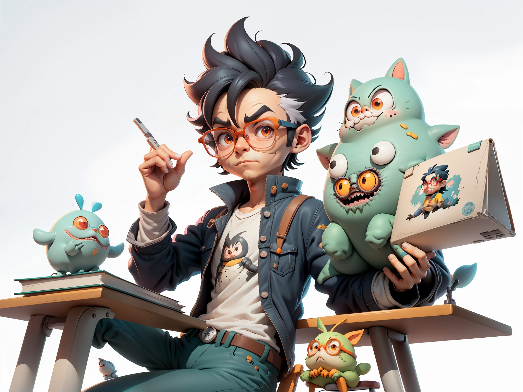 A young man with glasses sits at his desk，holding laptop，digitial painting，3D character design by Mark Clairen and Pixar and Hayao Miyazaki and Akira Toriyama，4K HD illustration，Very detailed facial features and cartoon-style visuals。