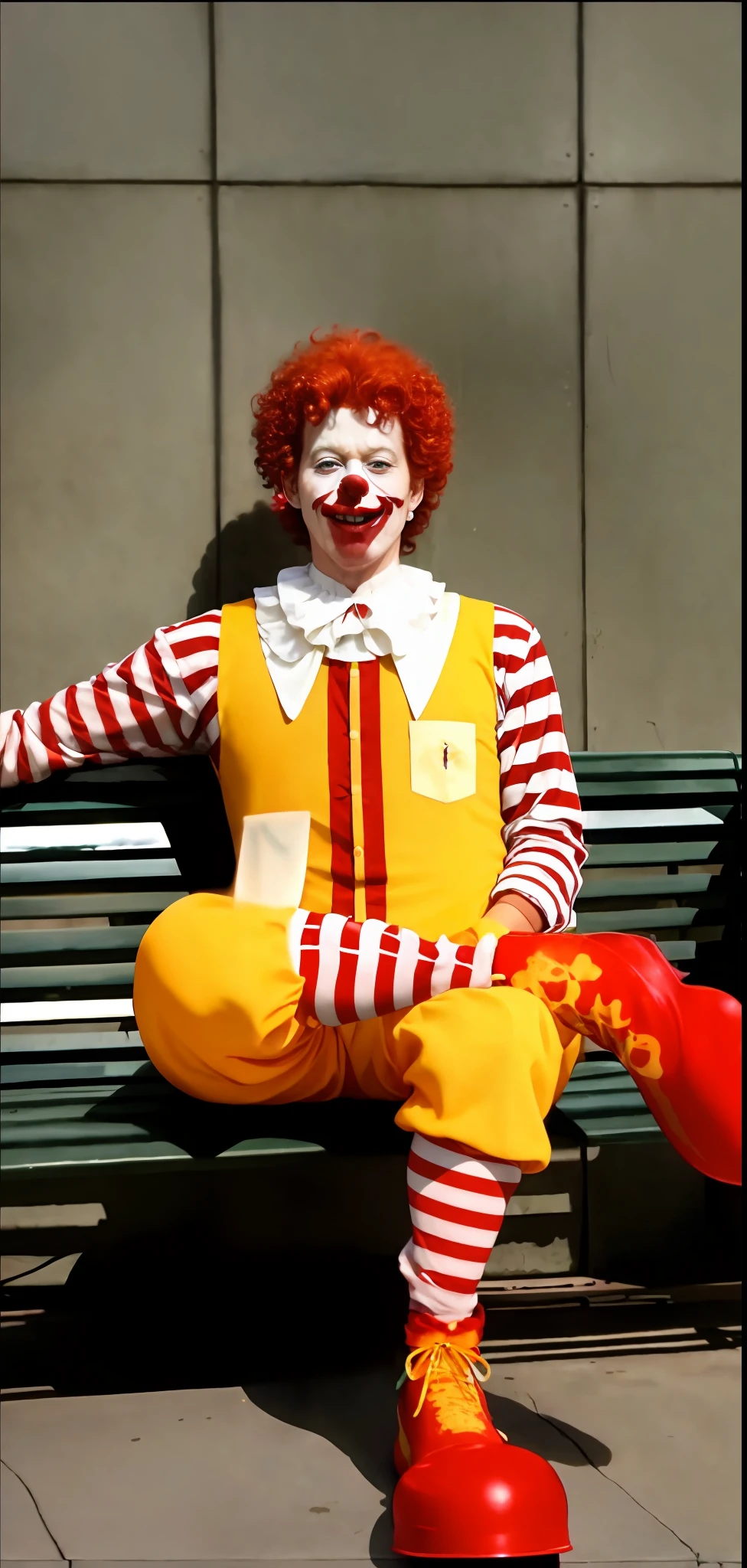 clown dressed in red wig and striped shirt of clown ronald mcdonalds, clown painted face, sentado em um banco, ronald mcdonald, Imagem de Ronald McDonald, Ronald McDonald como um Muppet, pauline hanson as a clown, Penteado vermelho Ronald McDonald, red ronald mcdonald messy hair, Cabelo vermelho de Ronald McDonald, capitalist clown, Mcdonald, wearing accurate clown makeup, communist clown, Stephen King como Pennywise, the clown is far from the camera, sharp facial features