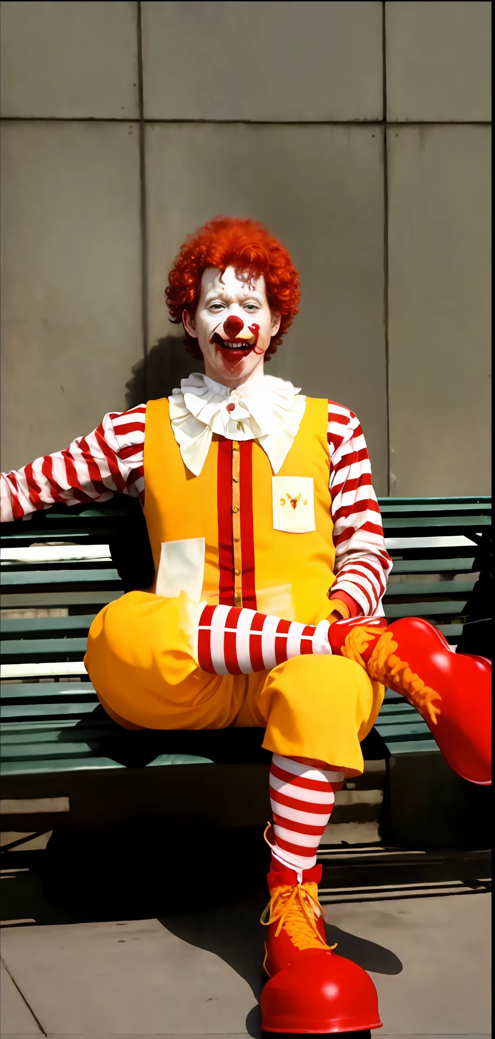 clown dressed in red wig and striped shirt of clown ronald mcdonalds, clown painted face, sentado em um banco, ronald mcdonald, Imagem de Ronald McDonald, Ronald McDonald como um Muppet, pauline hanson as a clown, Penteado vermelho Ronald McDonald, red ronald mcdonald messy hair, Cabelo vermelho de Ronald McDonald, capitalist clown, Mcdonald, wearing accurate clown makeup, communist clown, Stephen King como Pennywise, the clown is far from the camera, sharp facial features