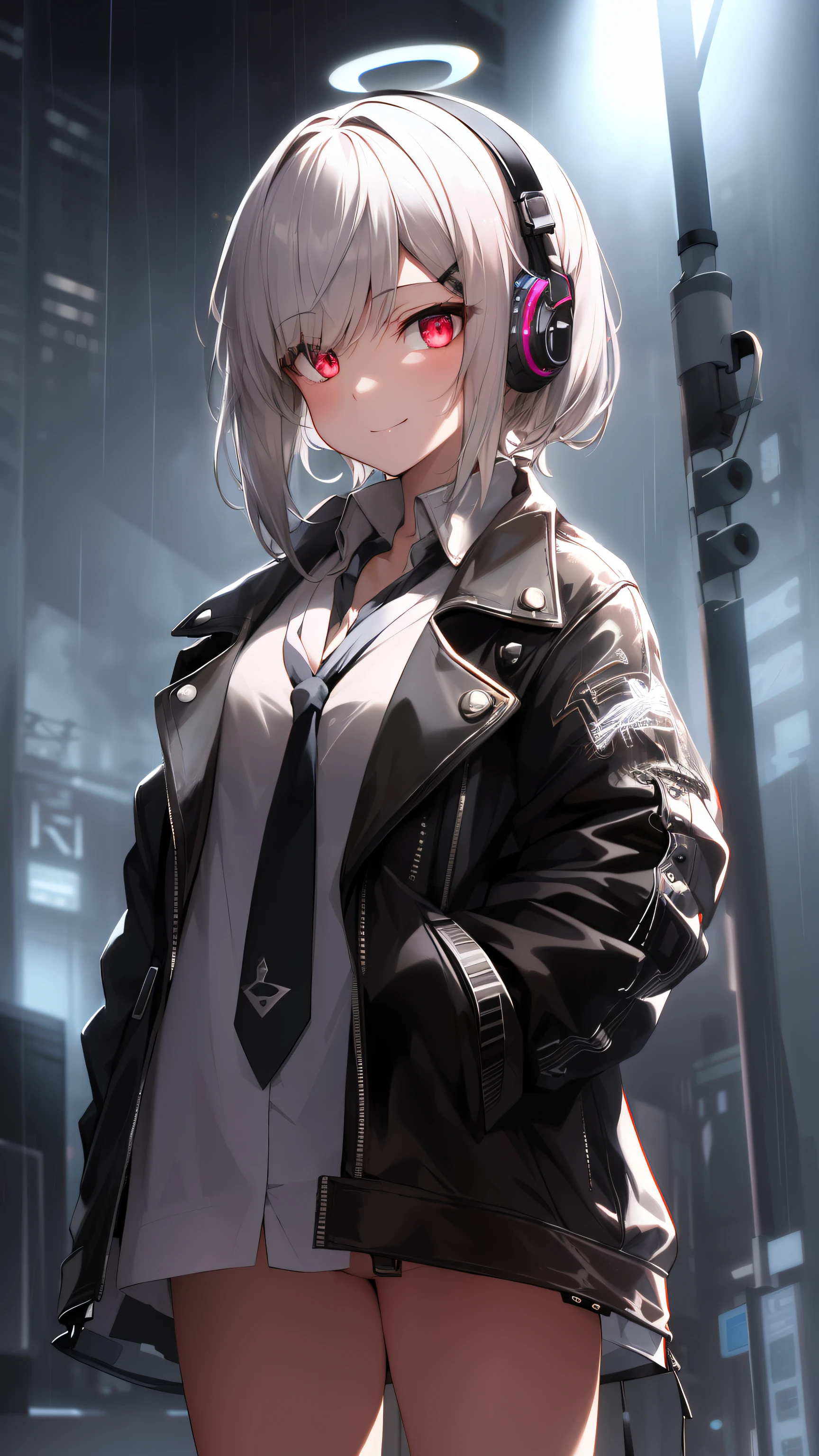 , chromatic aberration, Depth of field, soft-lighting, Masterpiece, Best Quality, Intricate, tone mapped, Highly detailed, Artstation, Concept art, Smooth, sharp-focus, dramatic lighting, highly detailed artwork, Cinematic, hyper-realistic painting, Trending in art station, 8K, Incredible shadows, Realistic, (highly detailed background:1.0), Very detailed portrait of a single girl 1, standing on the corner of the street, during a downpour with lightning strikes and cloudy sky, neon and cyberpunk background, she is dressed in punk clothing with silver chains and silver spikes, She has a butterfly wing hairpin in her wild hair, She is wearing headphones and a tie, Petite, detailed glowing red eyes with distinct pupils, the sinister aura of Halo, Smile, punk, ciberpunk, Backlighting