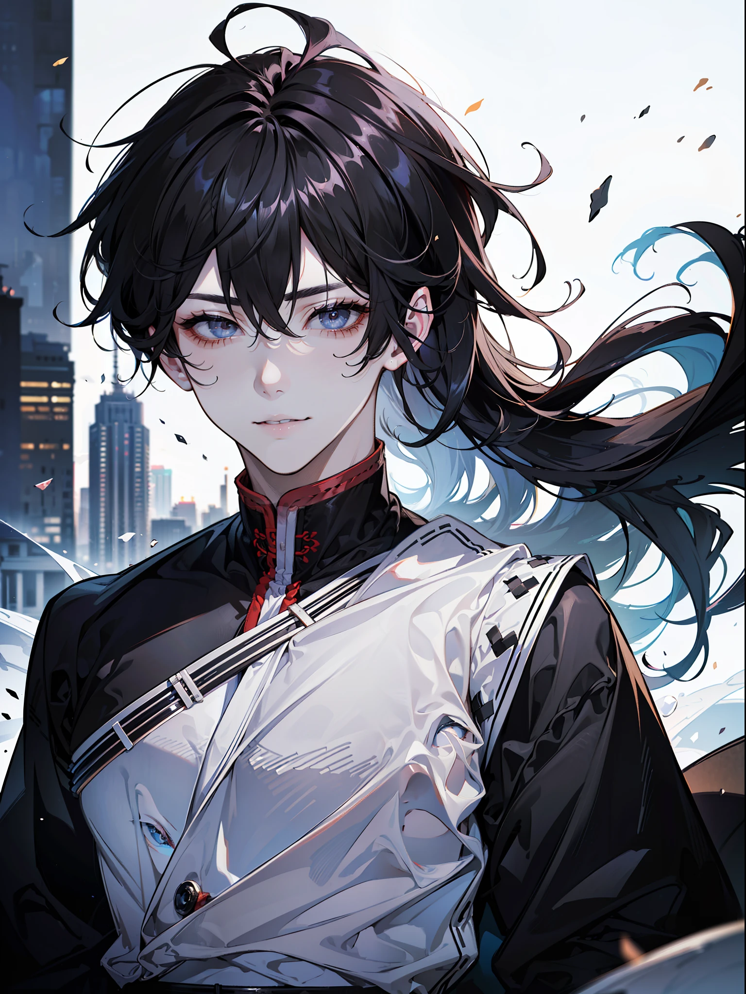 ((highest quality, masterpiece, 4k, finely detailed, detailed eyes, detailed face, gelbooru, pixiv)), warm lighting, ((solo, 1 male, handsome, masculine, adult male, broad shoulders)), ((black chin hair)), slight blush on cheeks, smiling, looking at viewer, ((lazy eyes, half-lidded, eyebags under eyes, black eyes with white pupils)), (wearing modern clothing), ((black hair, medium long hair, shaggy hairstyle, messy hair)), city background