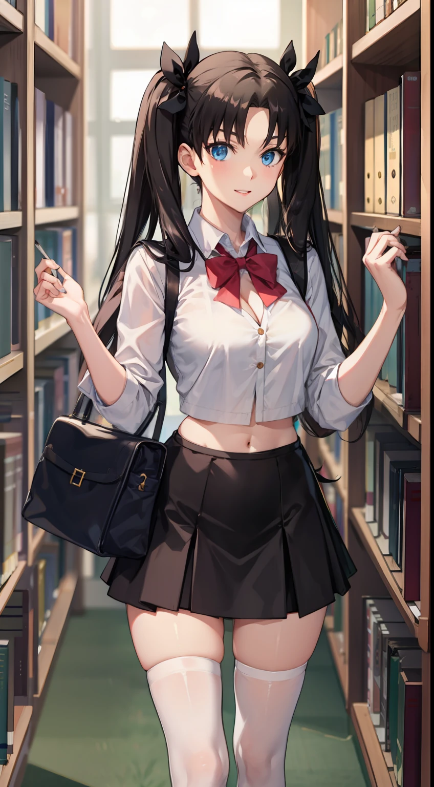 long hair, black hair, medium breast, slim legs, happy, cleavage, short skirt, rin tohsaka, twin tail, navel, blue eyes, school uniform, thigh high socks, standing, library