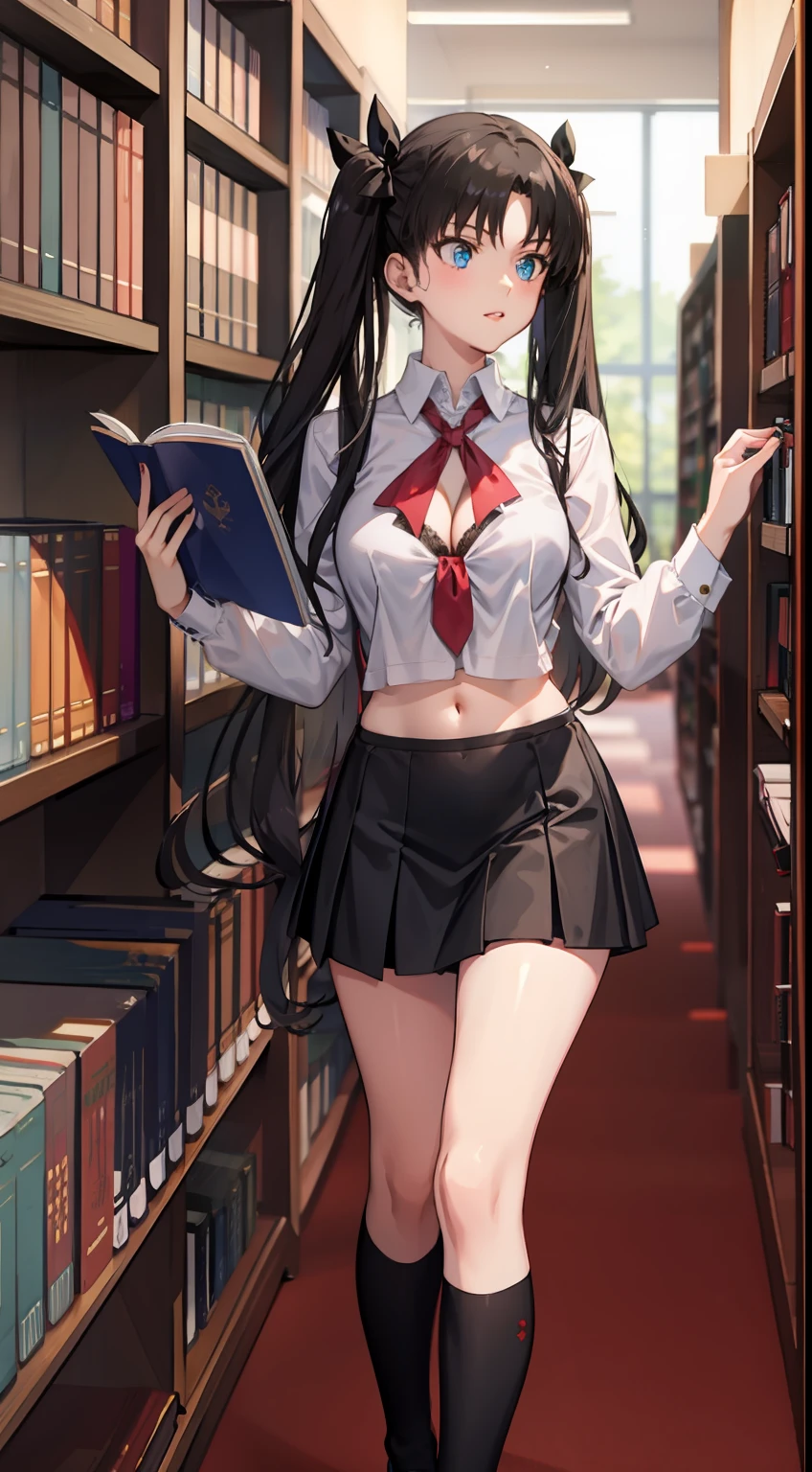 long hair, black hair, medium breast, slim legs, happy, cleavage, short skirt, rin tohsaka, twin tail, navel, blue eyes, school uniform, thigh high socks, standing, library