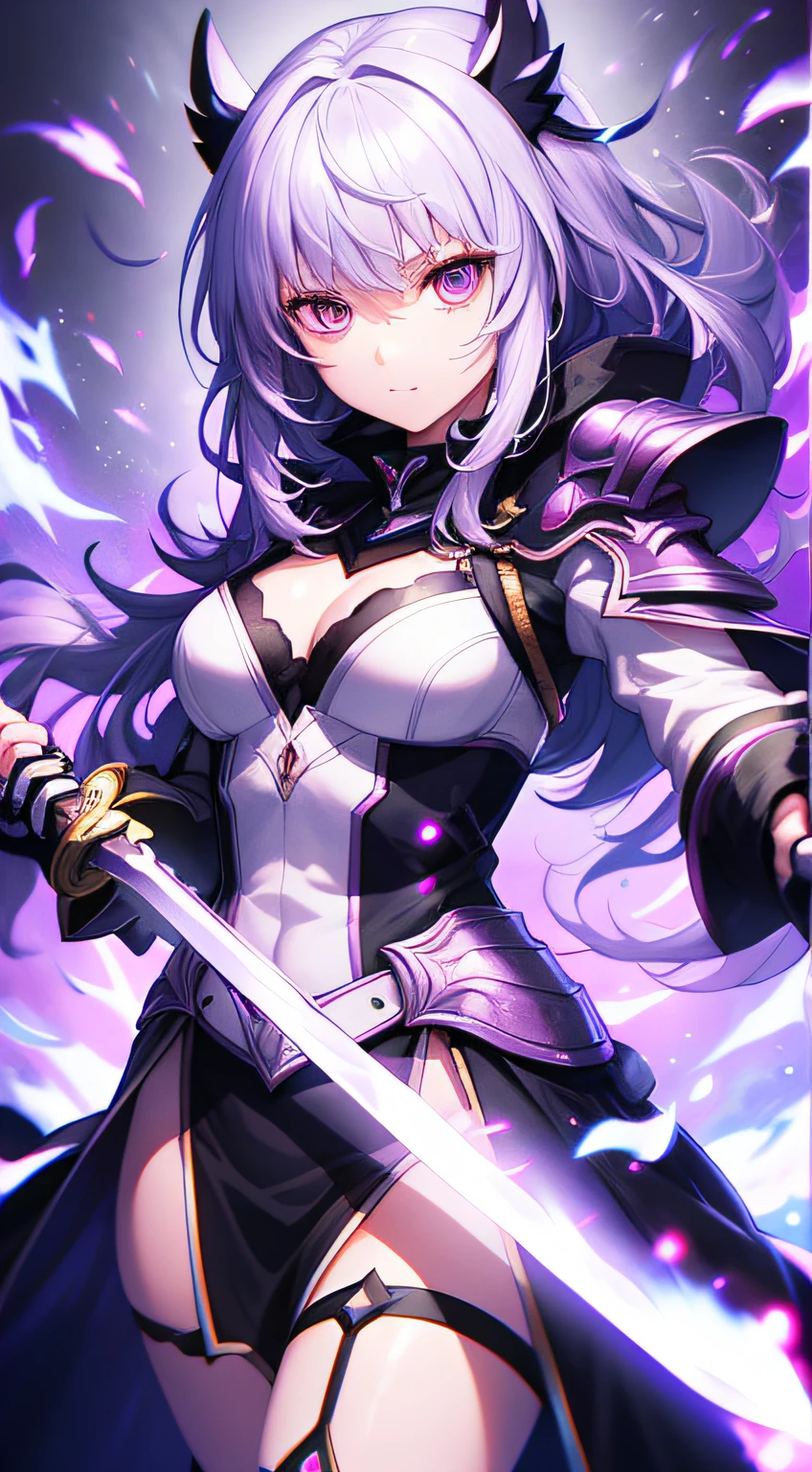 colorful, 1 girl, white hair, purple eyes, double hilt, sword, hand sword, blue flames, brilliance, bright weapon, light particles, wallpaper, chromatic aberration,