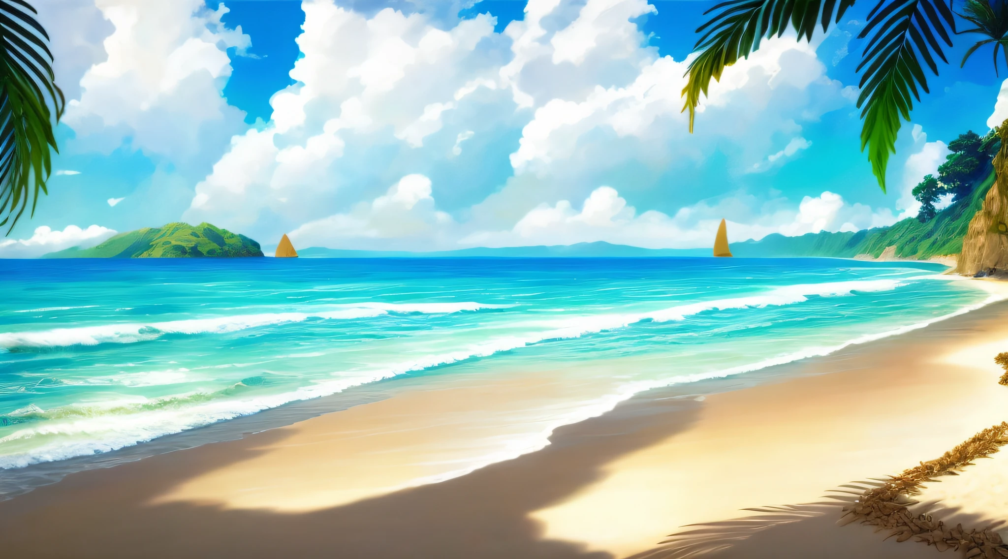 There is a painting of a beach with palm trees and a blue ocean, Fundo do anime, wallpaper anime blue water, arte de fundo do anime, beautiful anime scenery, anime bela cena de paz, anime scenery, bela cena de anime, amazing background, papel de parede de paisagem anime, Fundo da praia, papel de parede bonito, paper awesome wallpaper, anime wallpaper, fundo do filme anime, praia bonita, magical beach, Papel de parede anime HD
