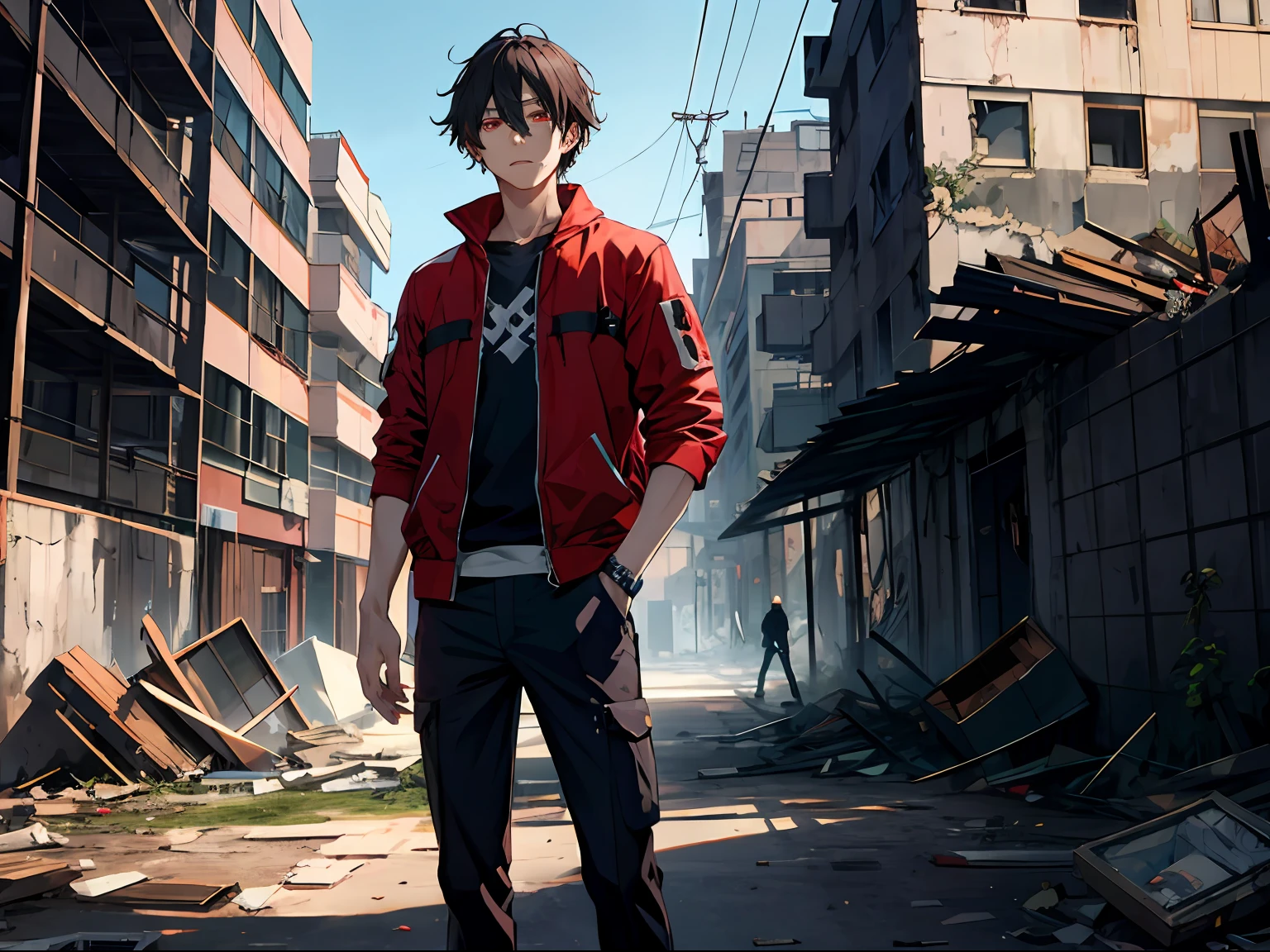 "HD clear,Optimal image,ultra-detailliert,A man with red eyes(详细的脸)Stand among the ruins of a modern city,Dilapidated laundry。"