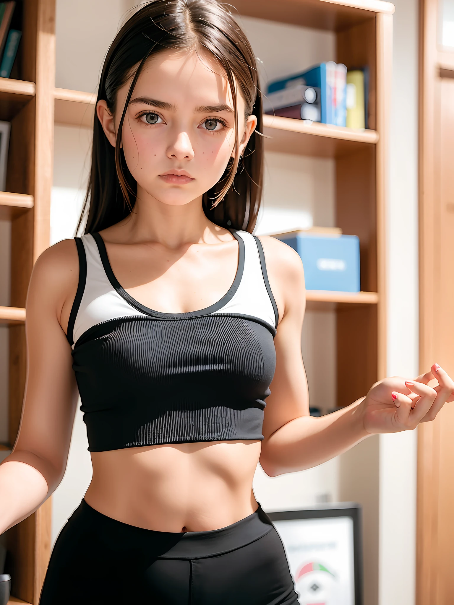 Arafed Young Girl, which stands in a room with a bookcase and a bed, wearing a sexy cropped top, gorgeous young model, Tragen eines bauchfreien Oberteils, tragend : tanktop, rotes Tanktop und weite blaue Hose, Tragen von gelbem Croptop, wearing a cute top, bauchfreies Oberteil tragen, Dafne Keen, Cropped Tops tragen, eva elfie